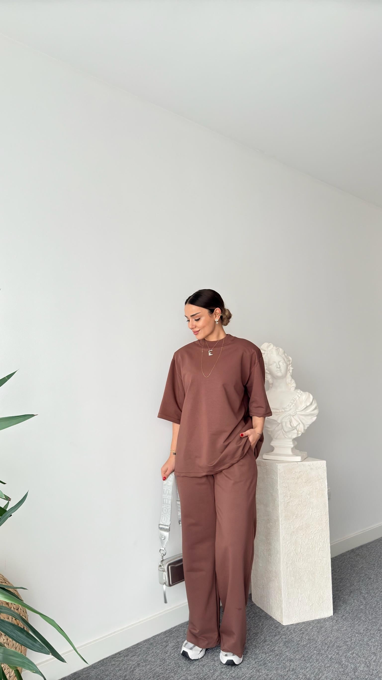 Kahve Calza Vatkalı Tok Doku Tshirt