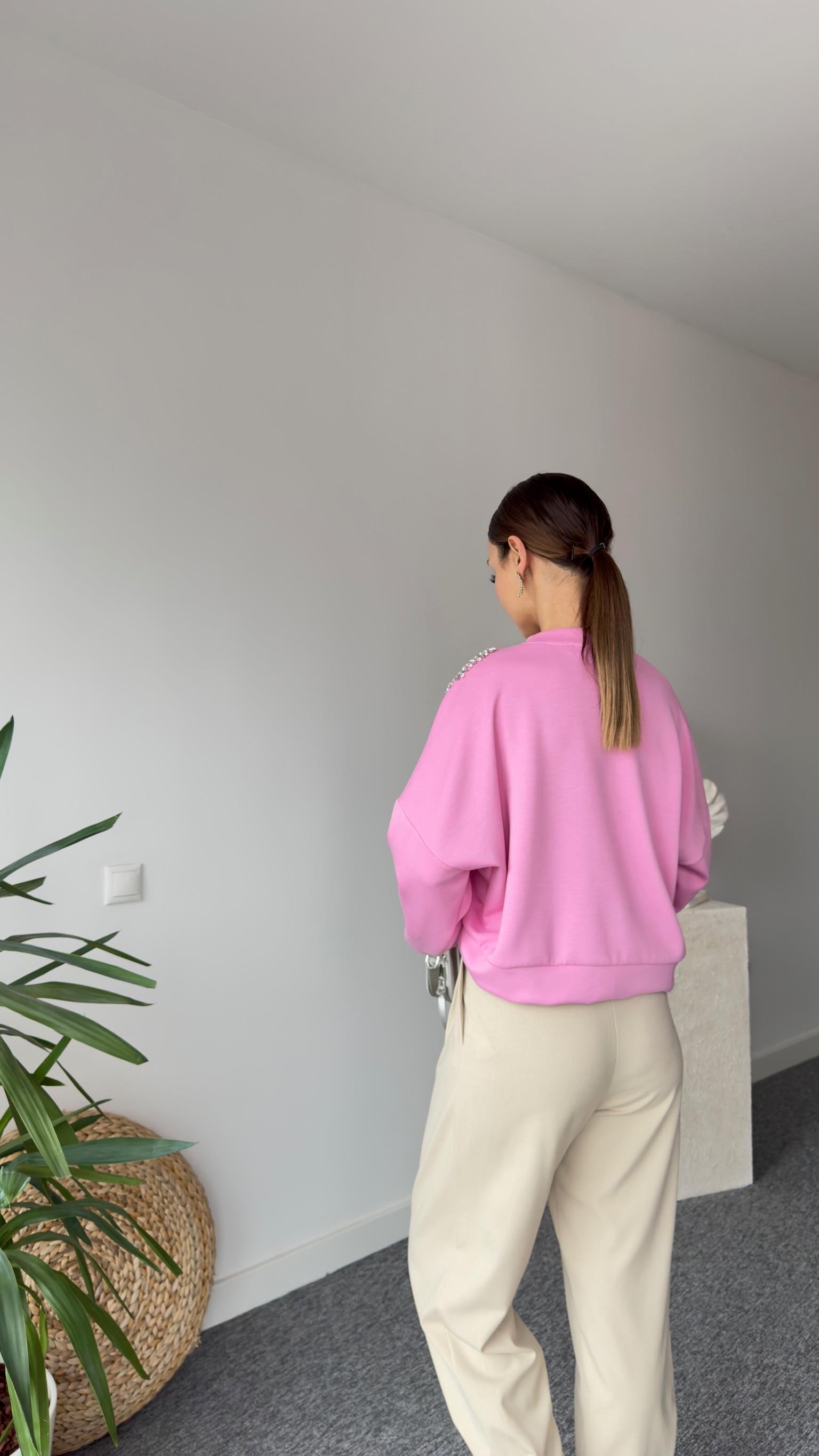 Premıum Büzgülü Taş Detay Pembe Modal Sweat