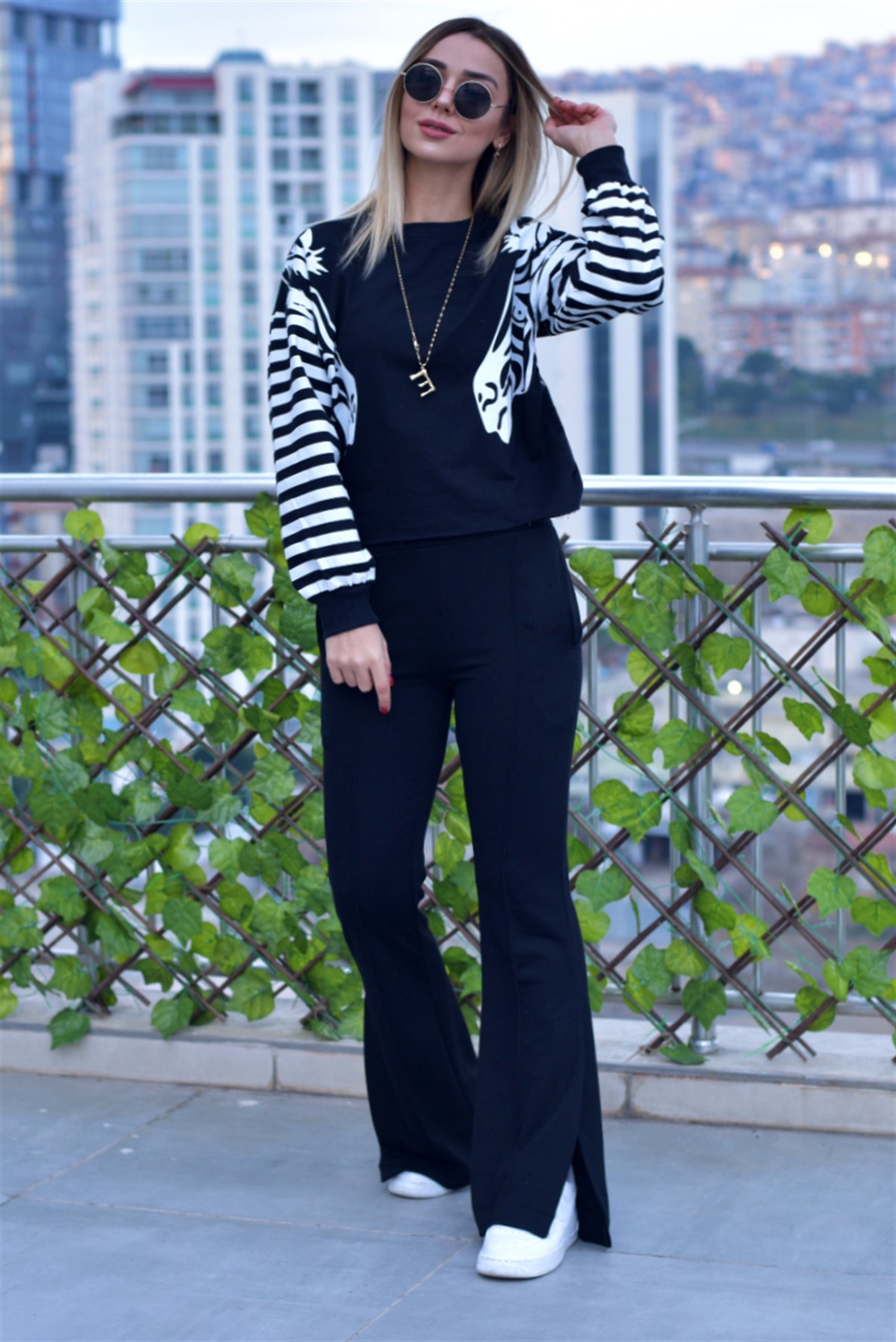 Zebra Desen Siyah Sweatshirt