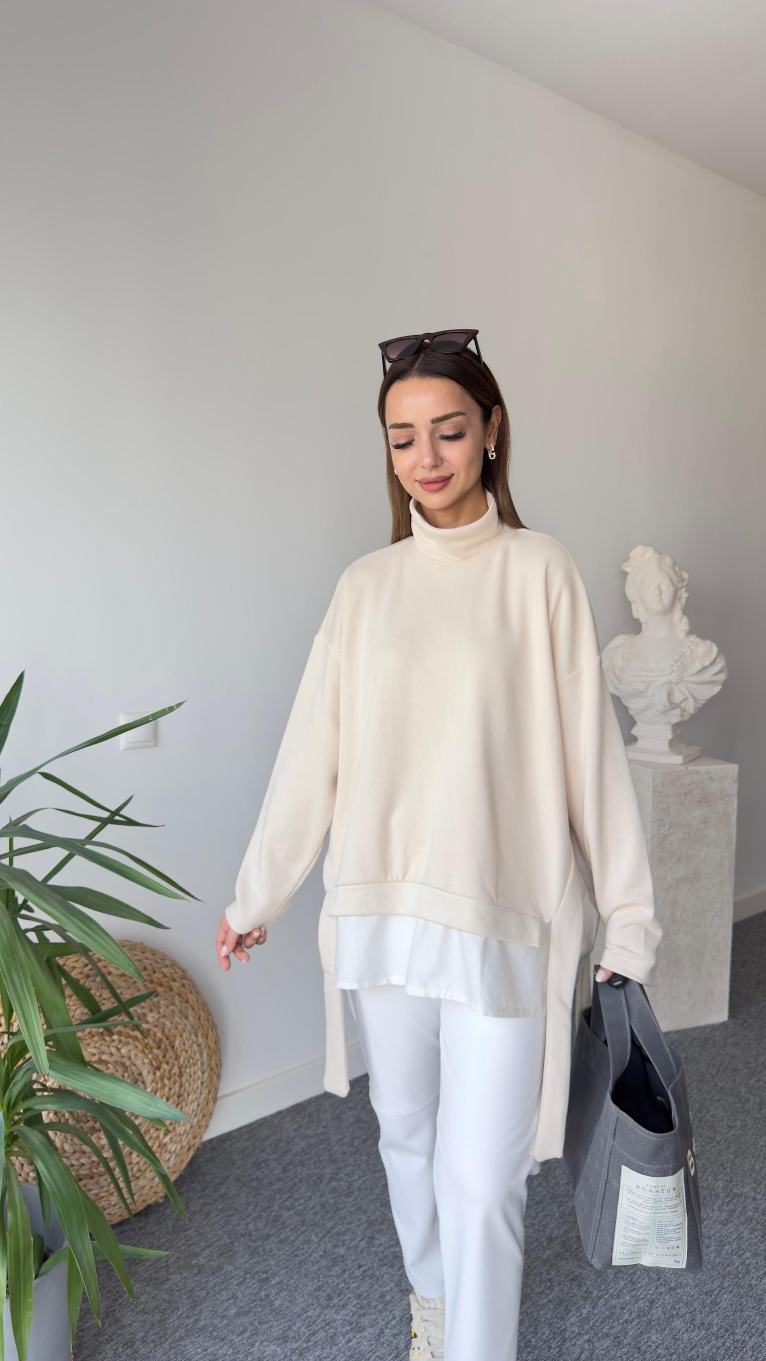 Balıkçı Yaka Bej Gömlek Detay Sweat