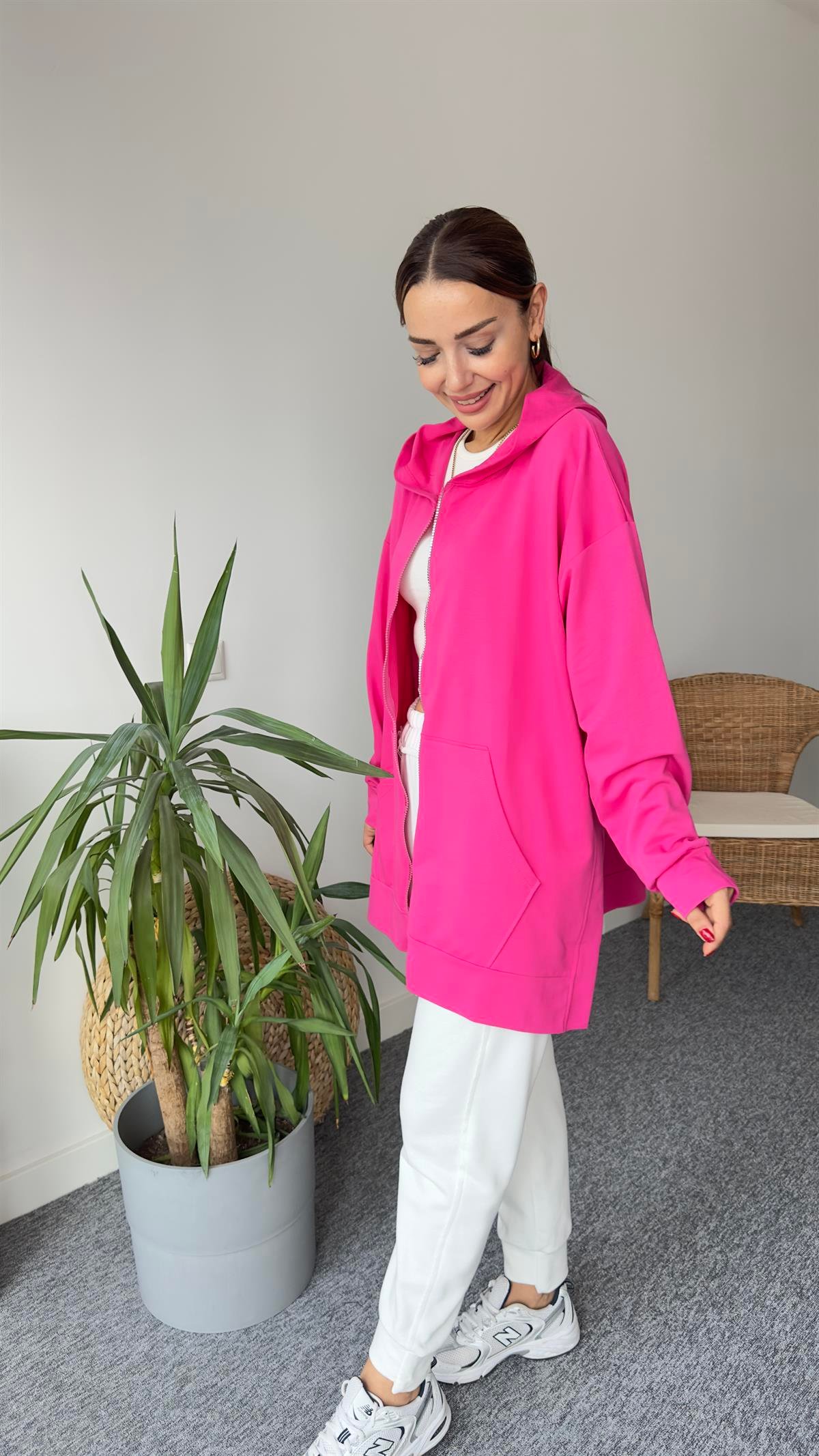 İki İplik Yanları Yırtmaçlı Fuşya Sweat