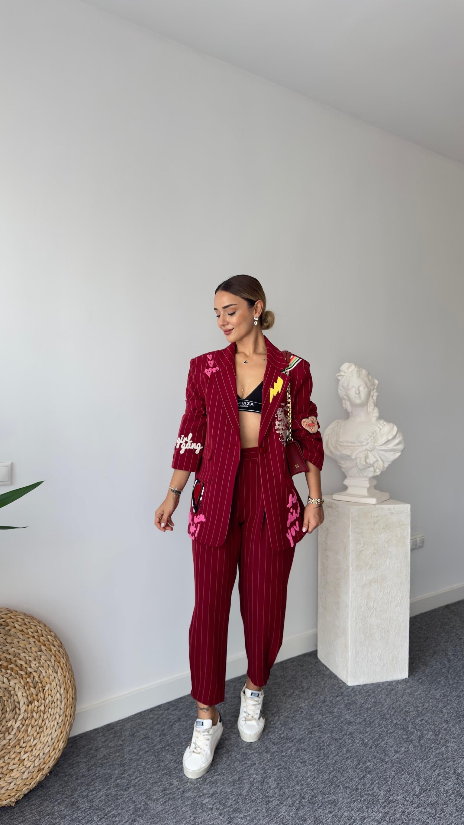 Paça Düğme Çzigili Bordo Balon Model Pantolon