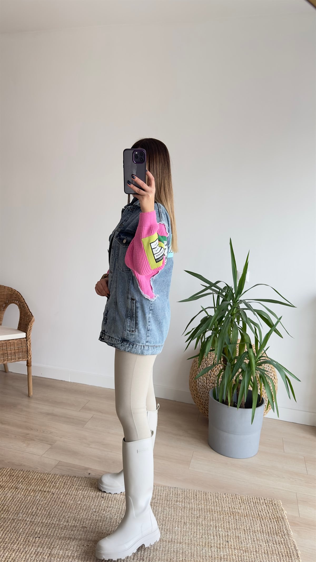 Kolları Pembe Triko Detay Tasarım Ceket 