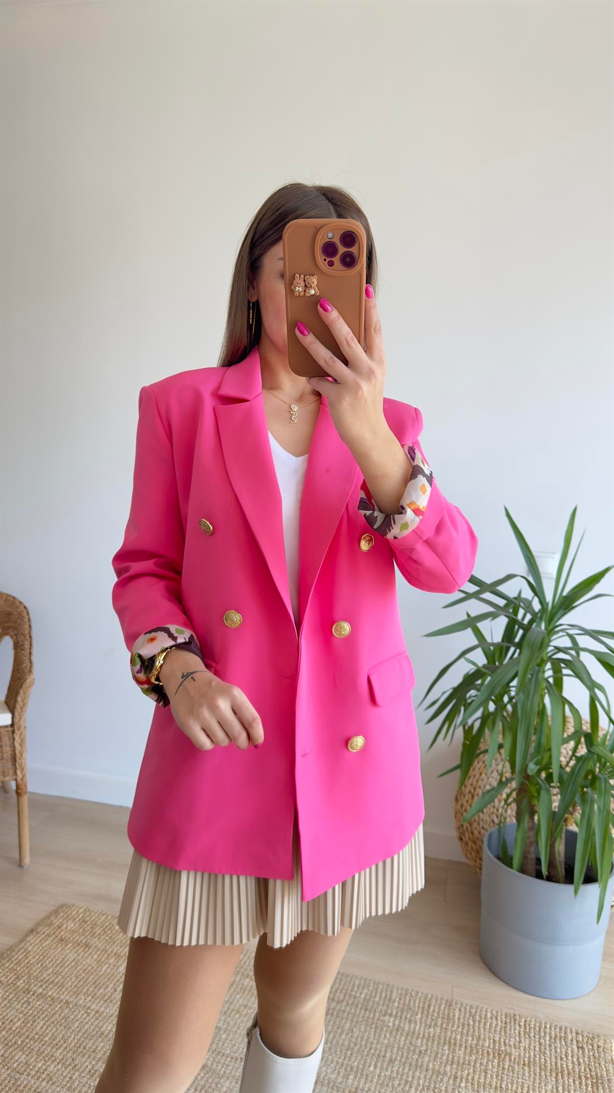 Renkli Astarlı Fuşya Blazer Ceket