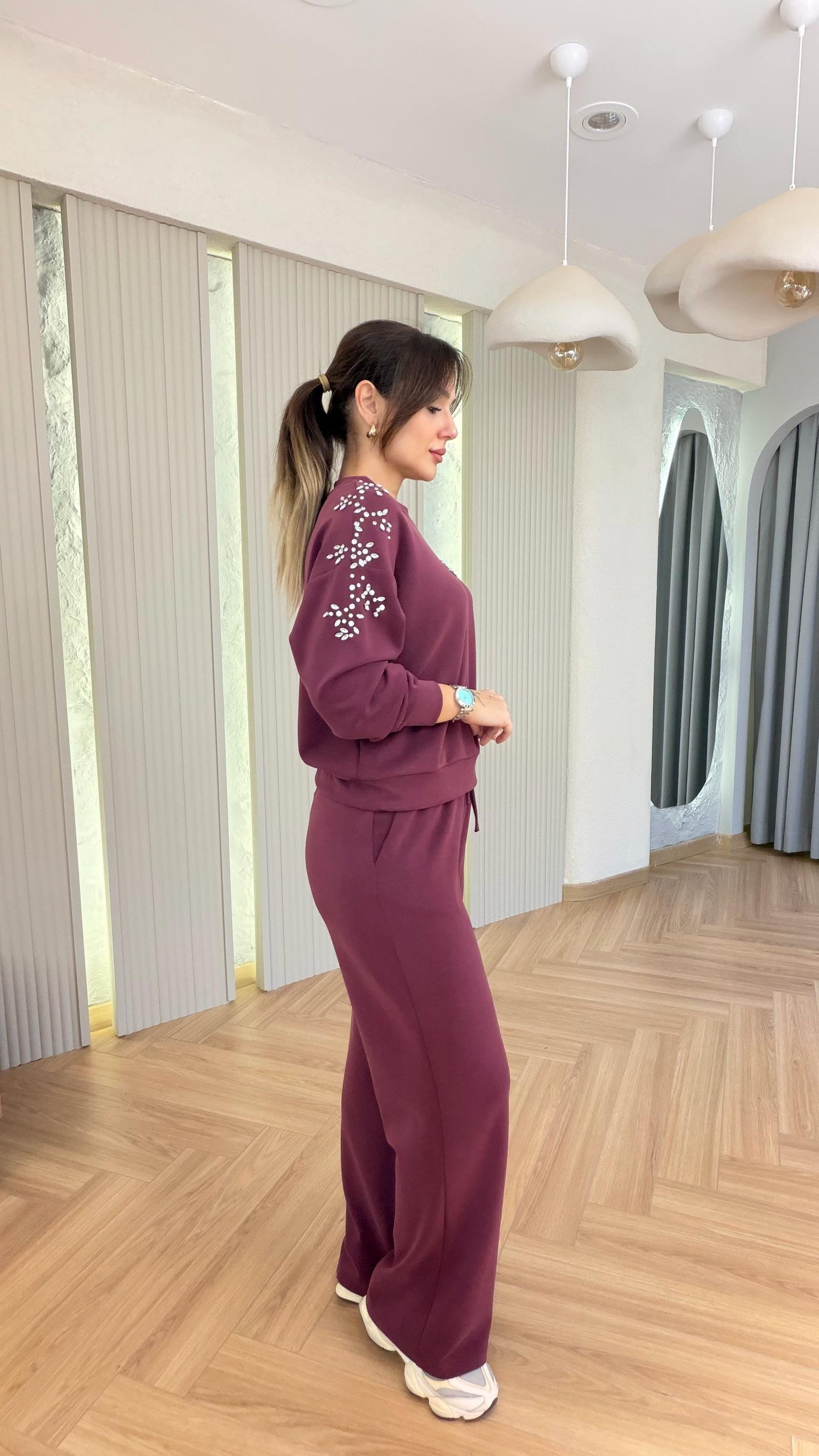 Bordo Rebore Taş Detaylı Modal Takım