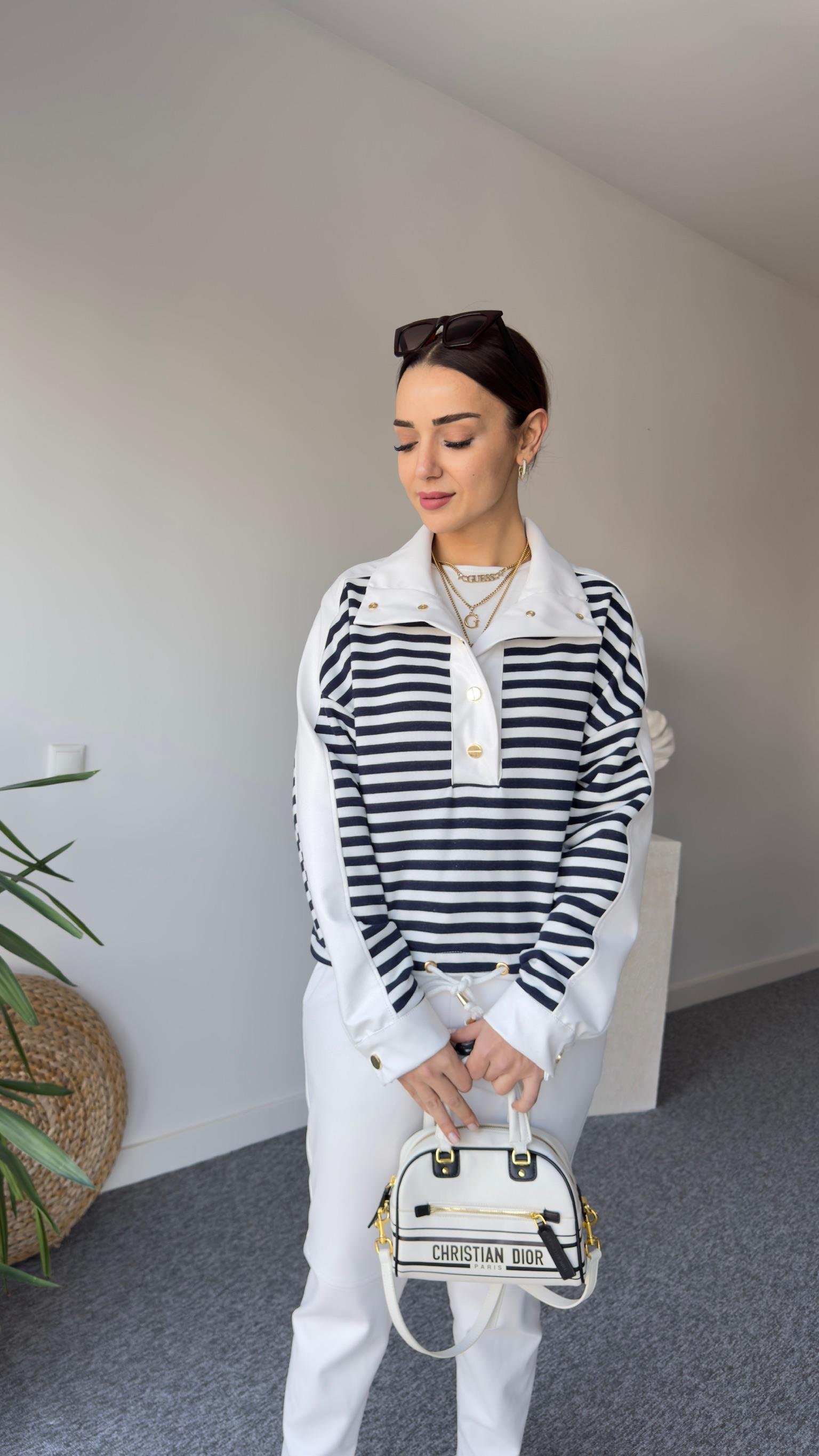 Deri Garnili Çizgili Sweatshirt