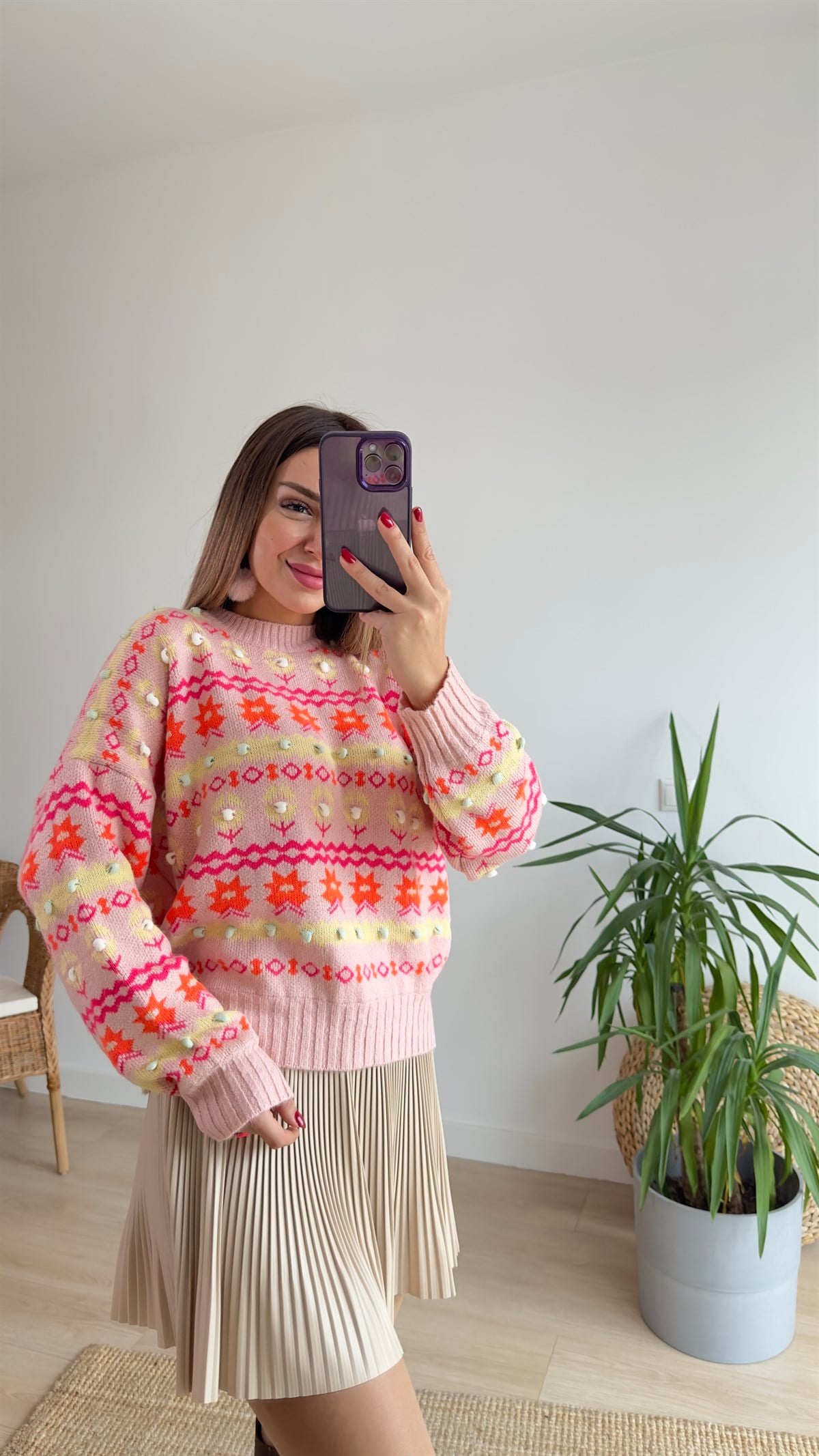 Pembe Etnik Desenli Bisiklet Yaka Kazak