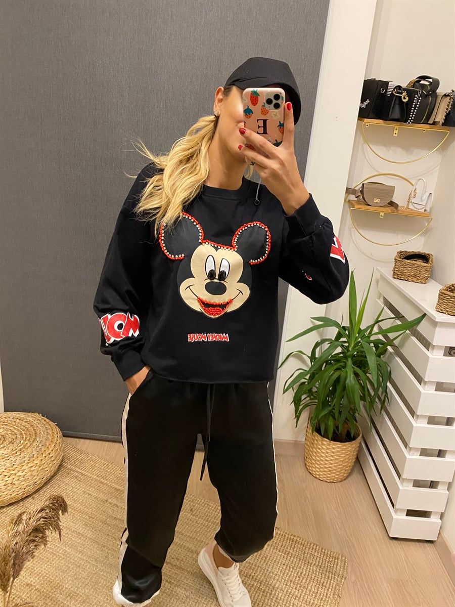 Taşlı Mickey Mouse Siyah Sweat