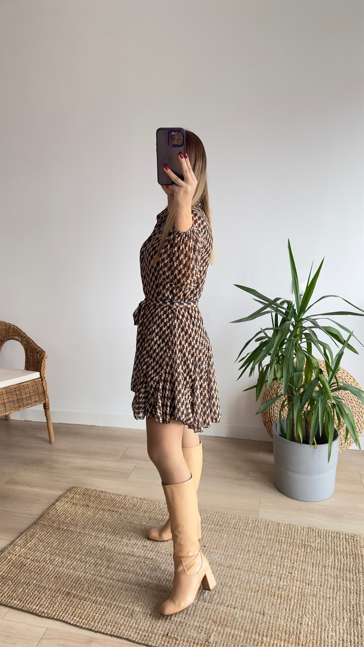 Zra Model Desenli Kahve Elbise 