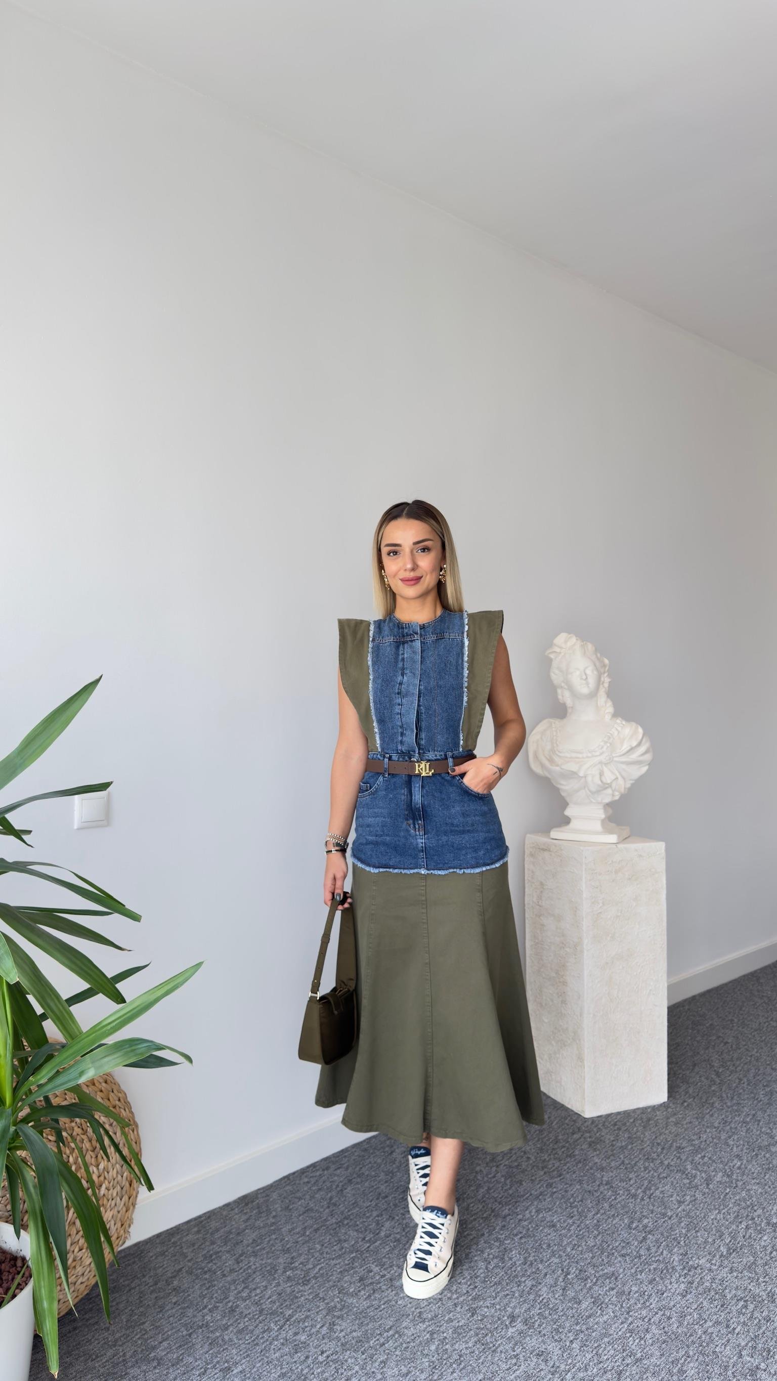 Haki Geçişli Tasarım Denim Elbise 