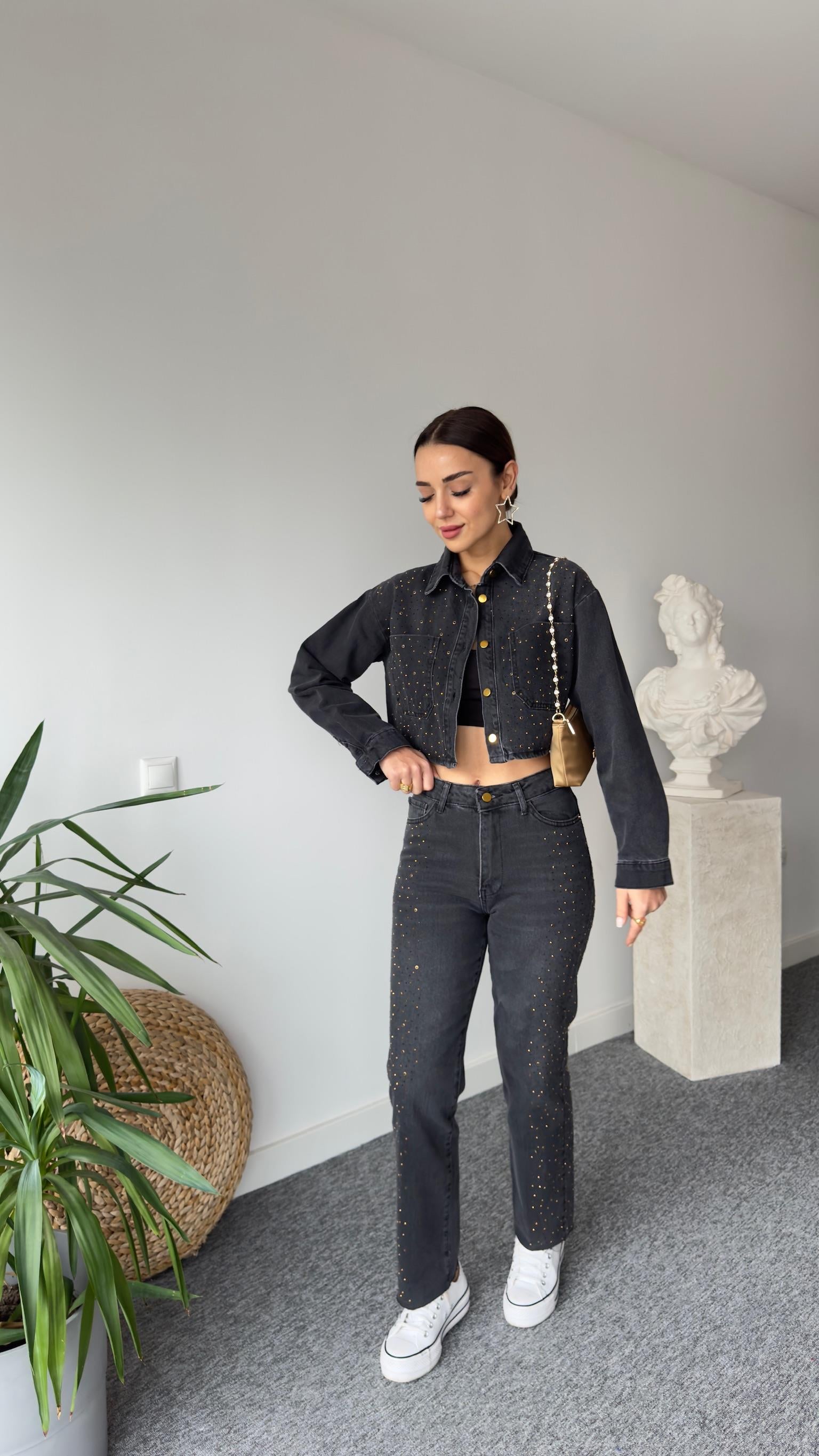 Zra Model Taşlı Antrasit Jean Takım