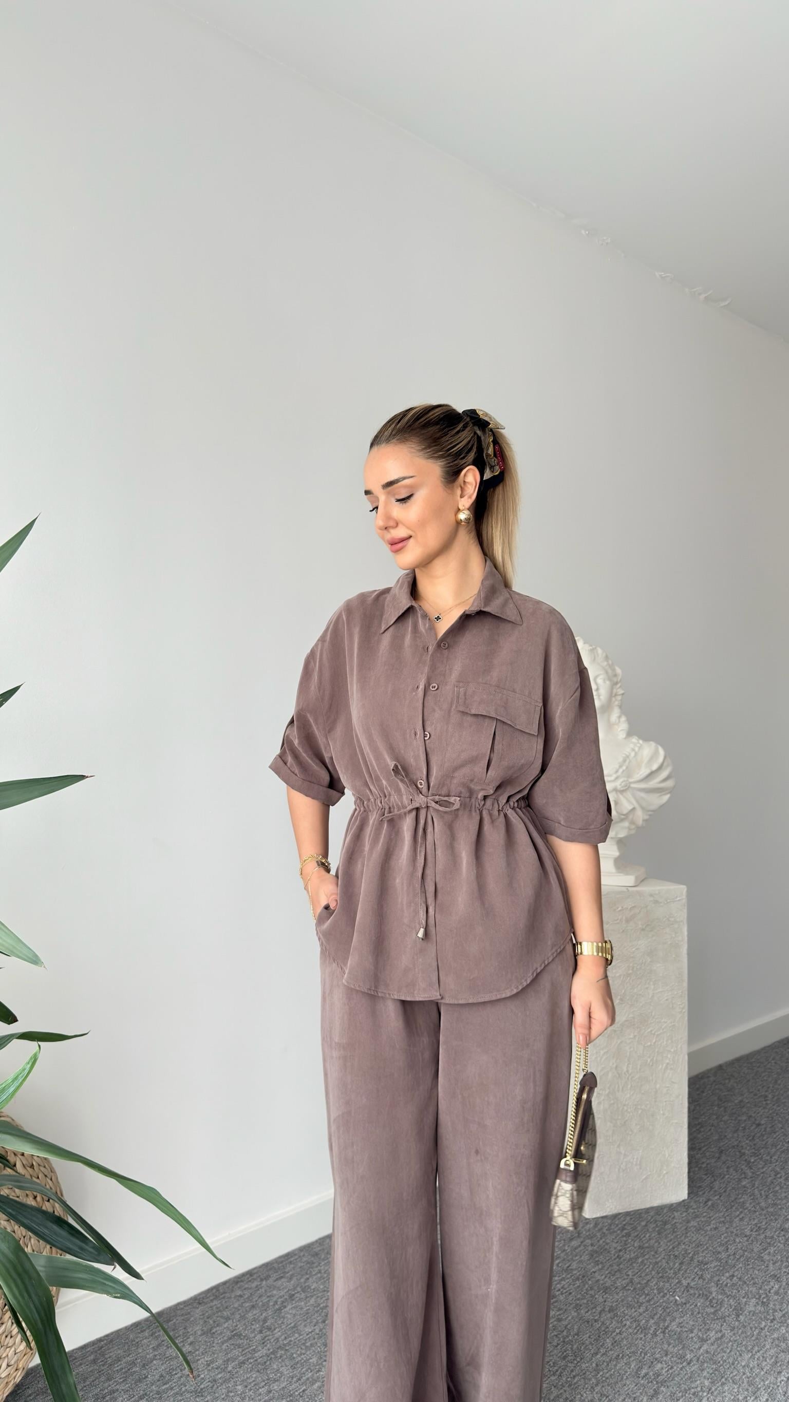 Kahve Neva Bel Büzgülü Tensel Takım