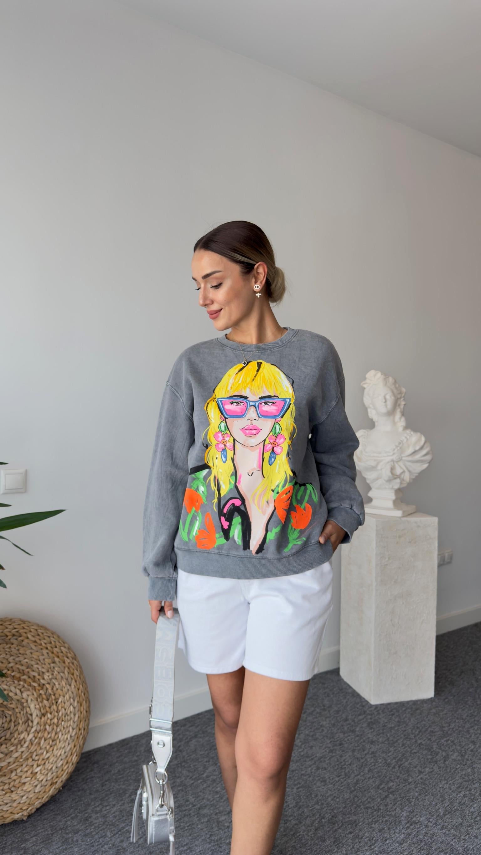 Kız Baskılı Orj Marka Gri Sweatshirt