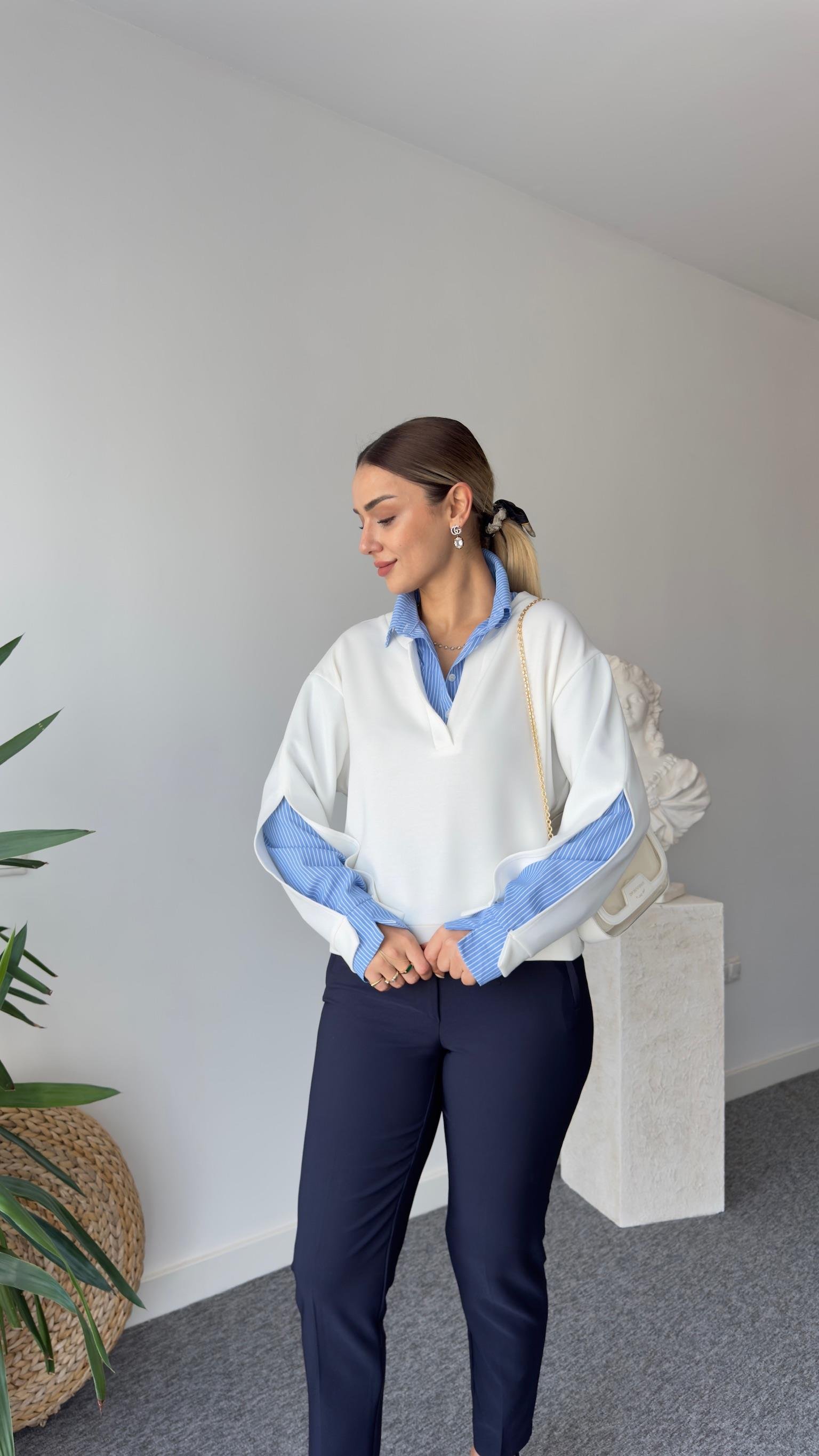 Kante Gömlek Detaylı Beyaz Modal Sweat