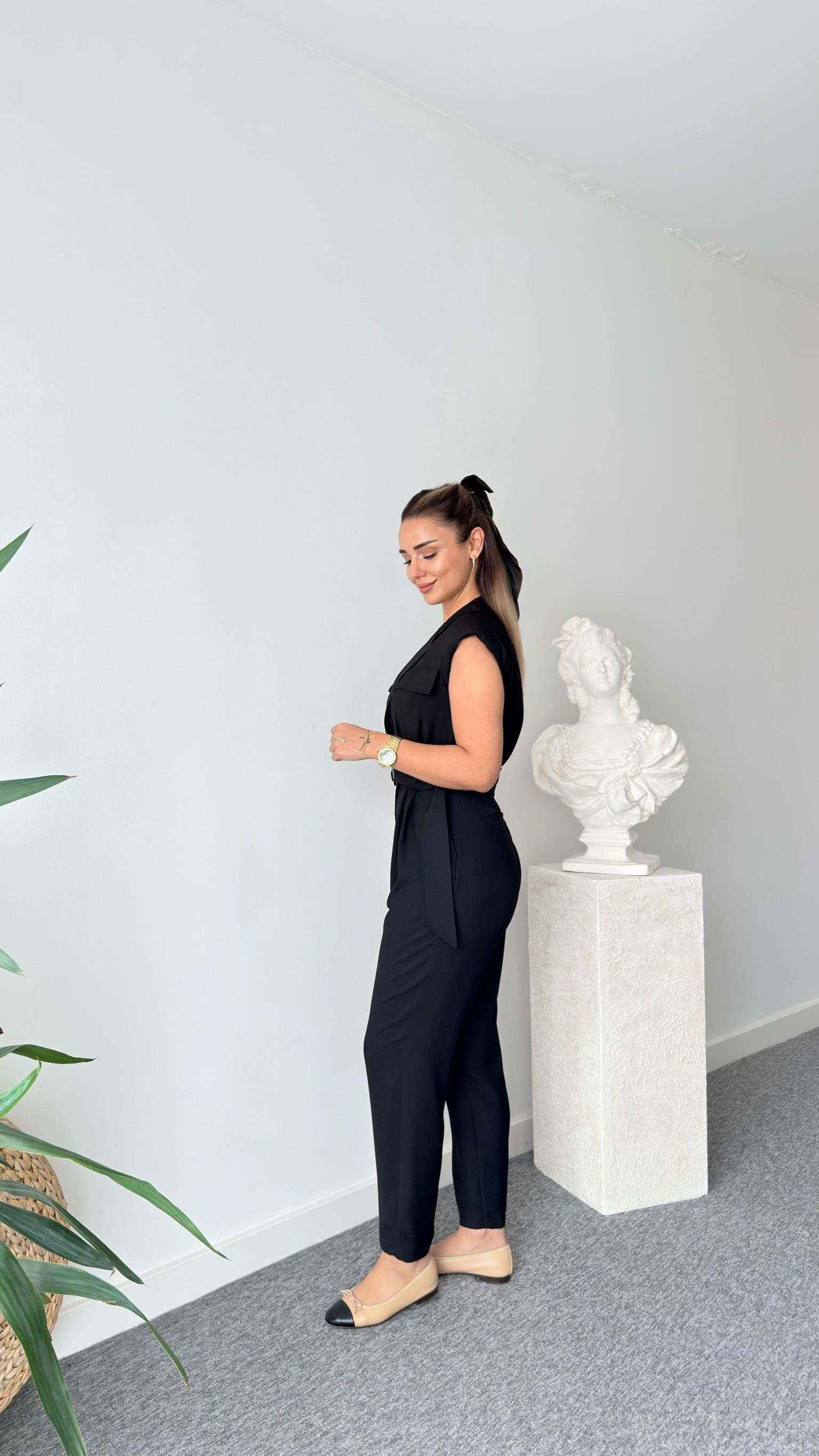 Siyah Volze Kemerli Kruvaze Tulum