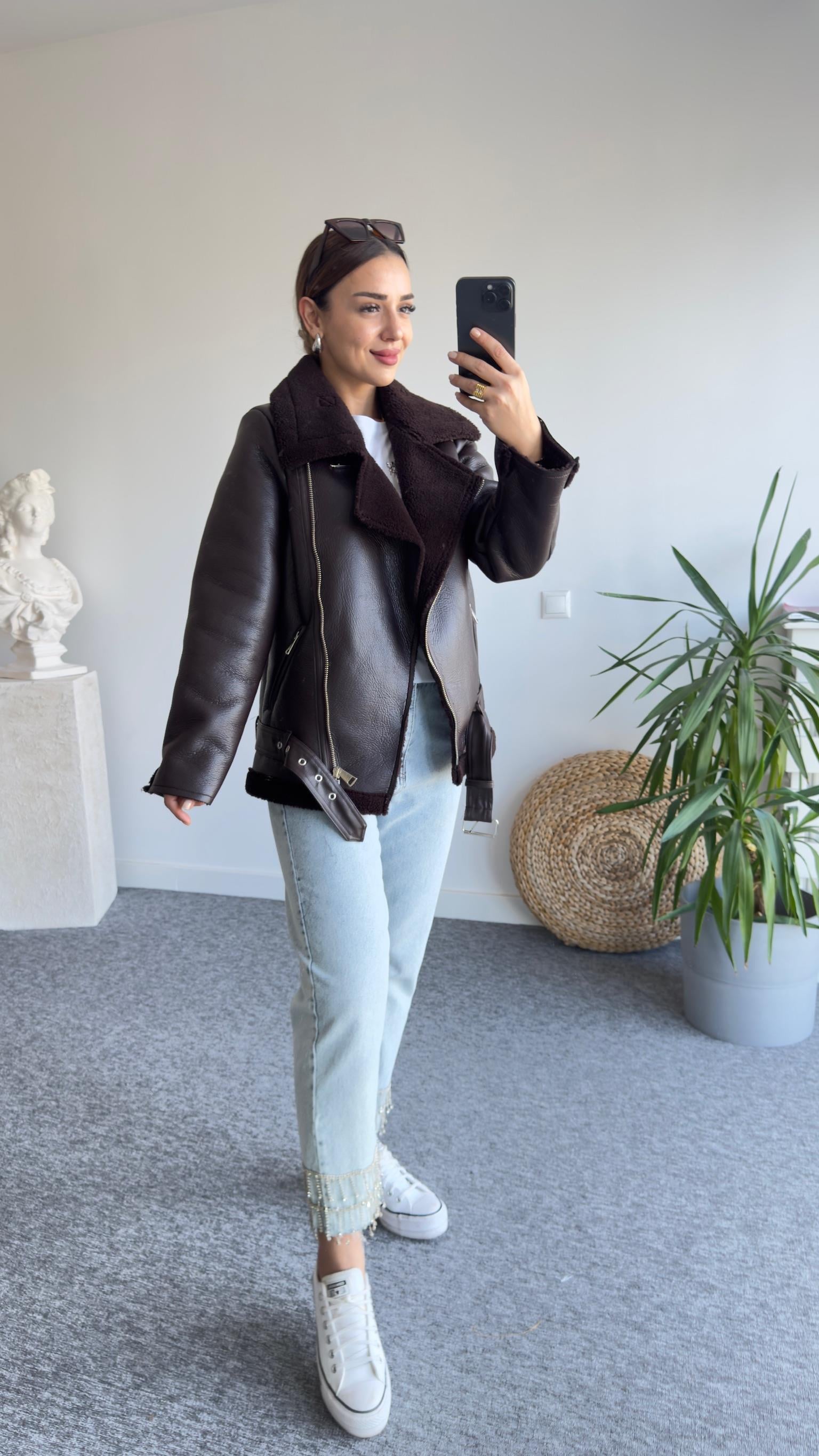 Zra Model Kemerli Kahve Biker Mont