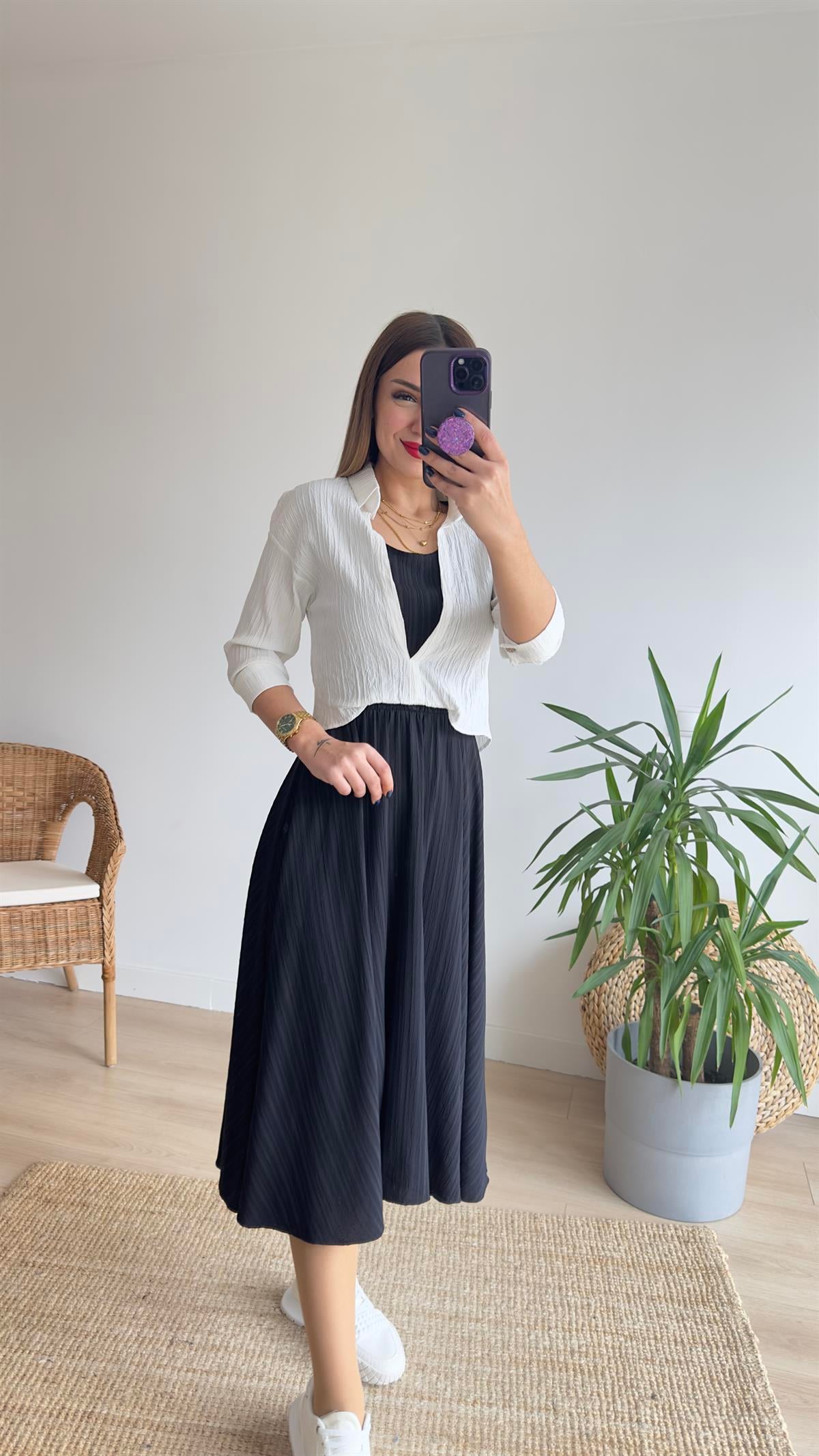 Beyaz Gömlek Yaka İkili Elbise