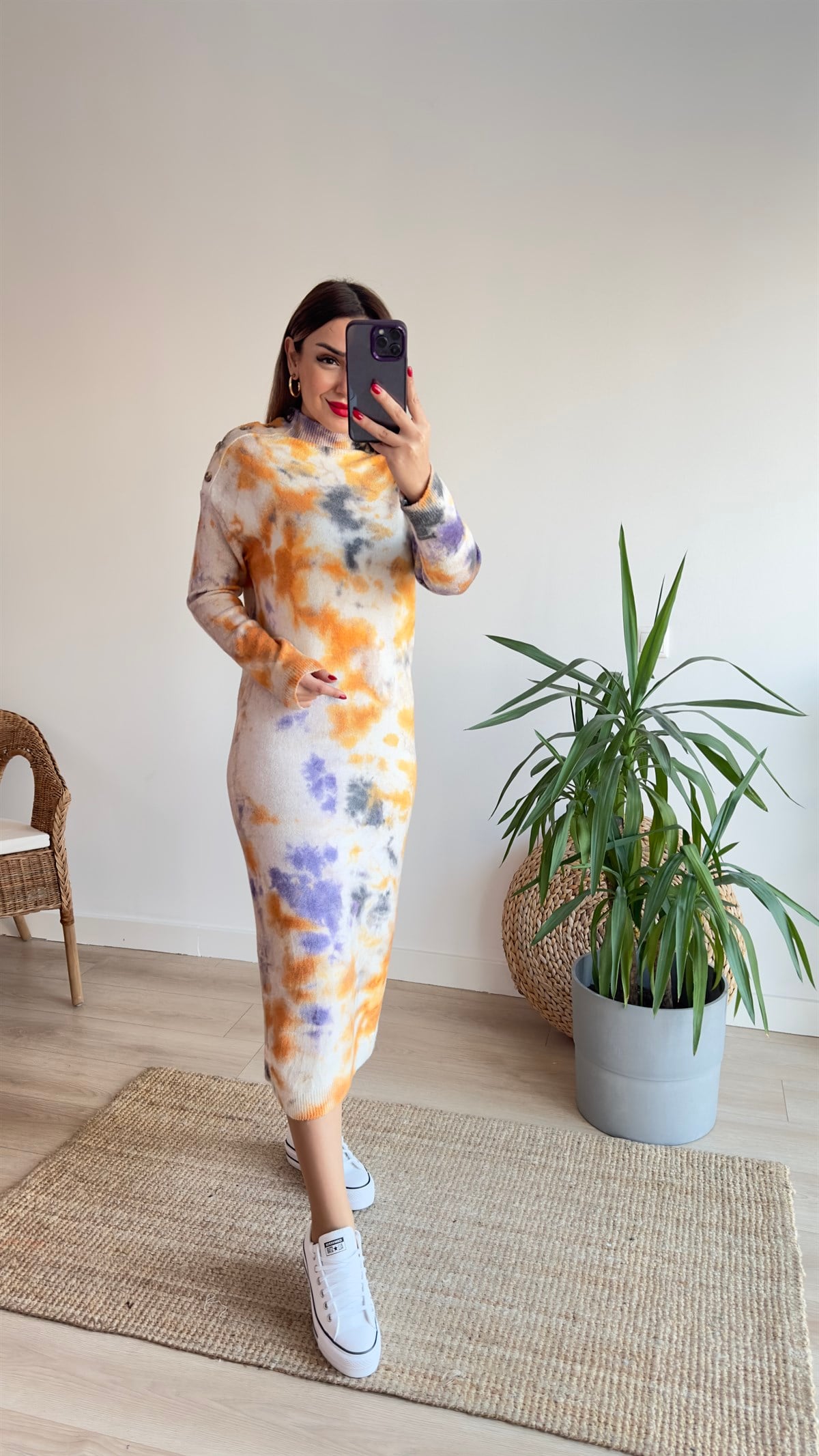 Yaka Düğmeli Batik Desen Elbise 