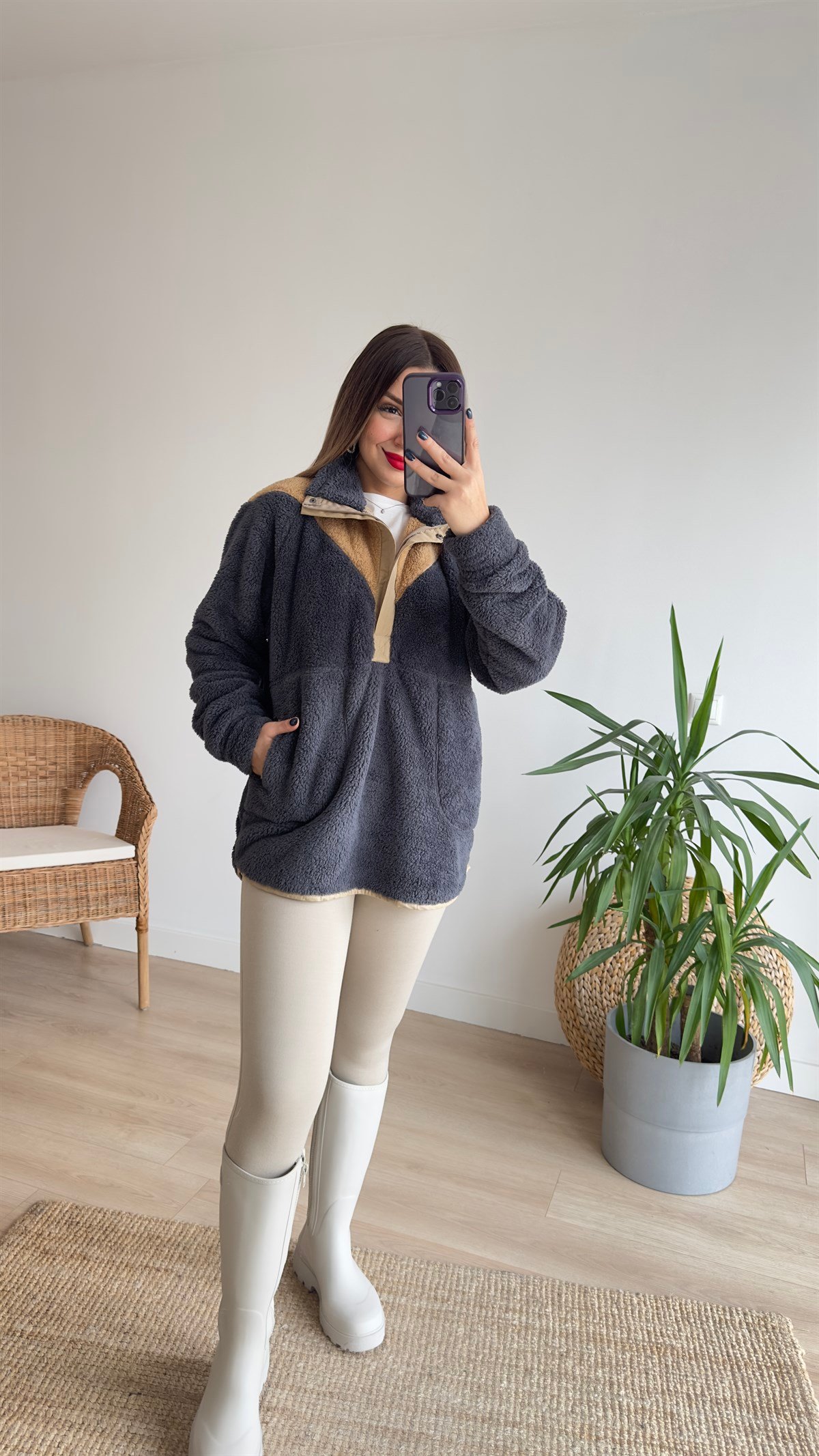 Yarım Fermuar Cepli Antrasit Polar Sweat