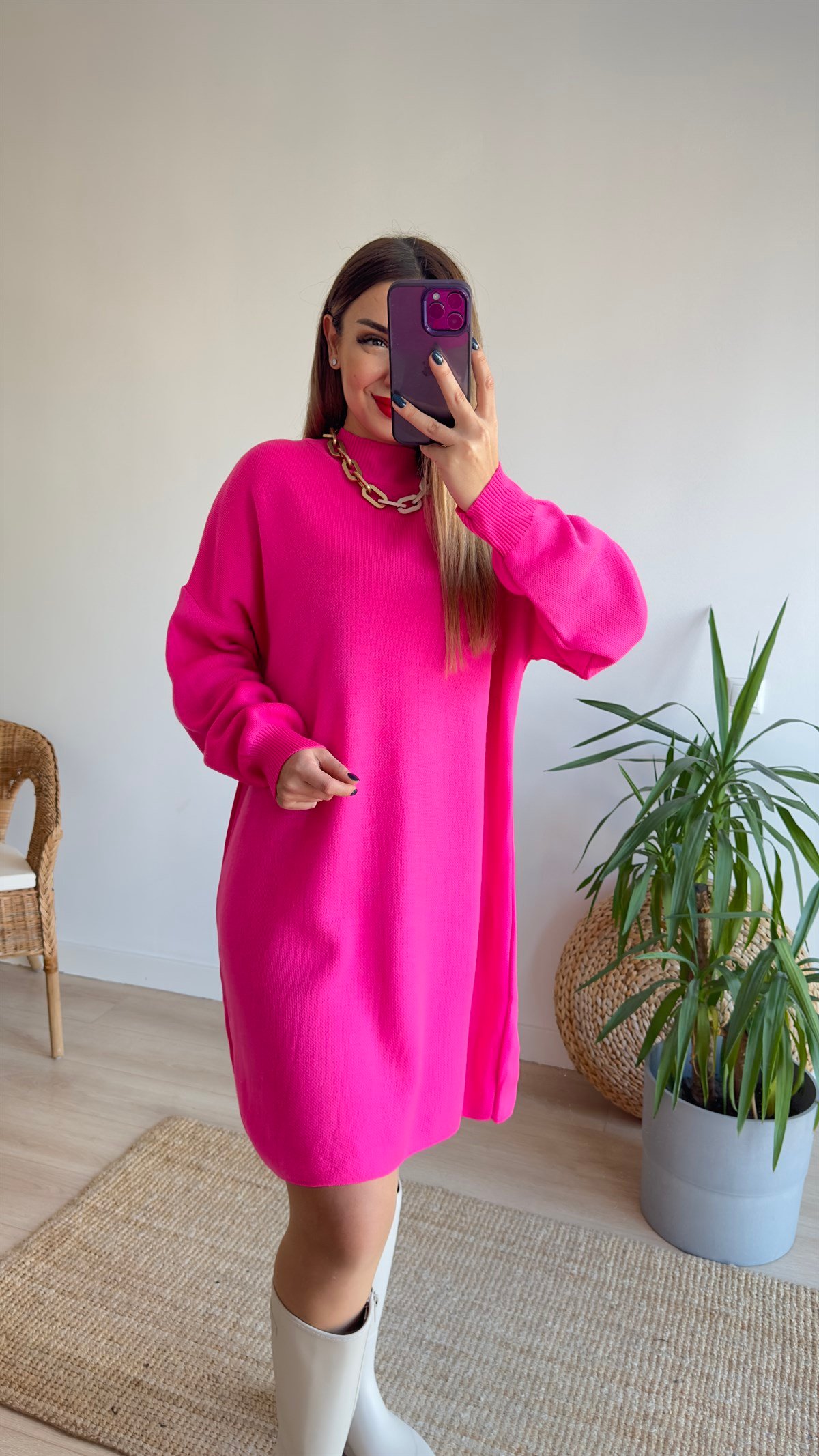 Pembe Dik Yaka Triko Elbise 
