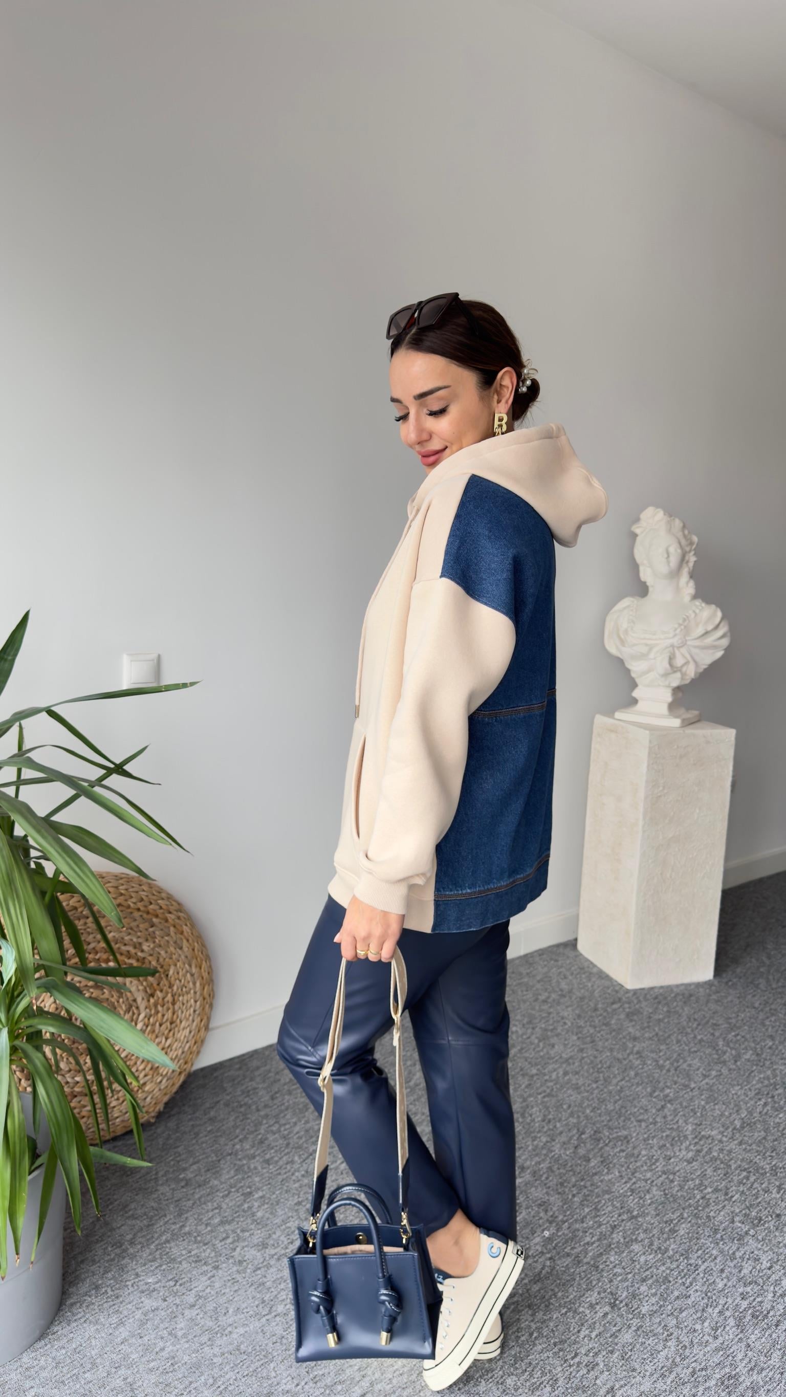 Sırt Kot Detaylı Kapüşonlu Bej Sweat
