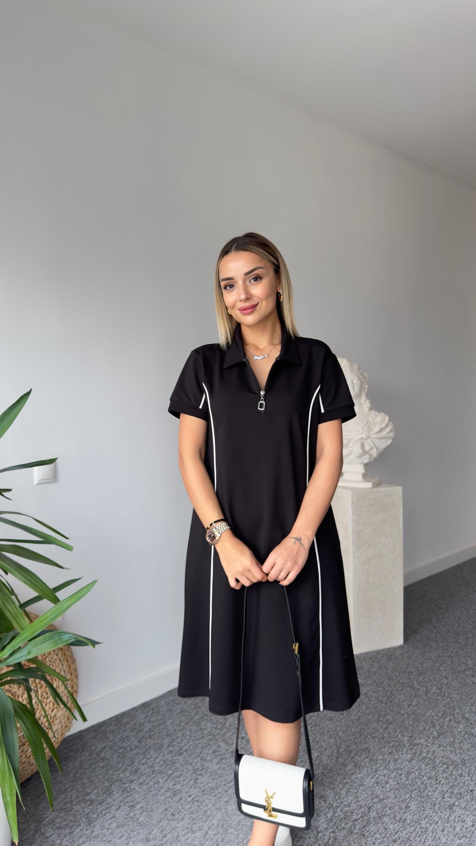 Çapraz Biyeli Siyah İki İplik Elbise