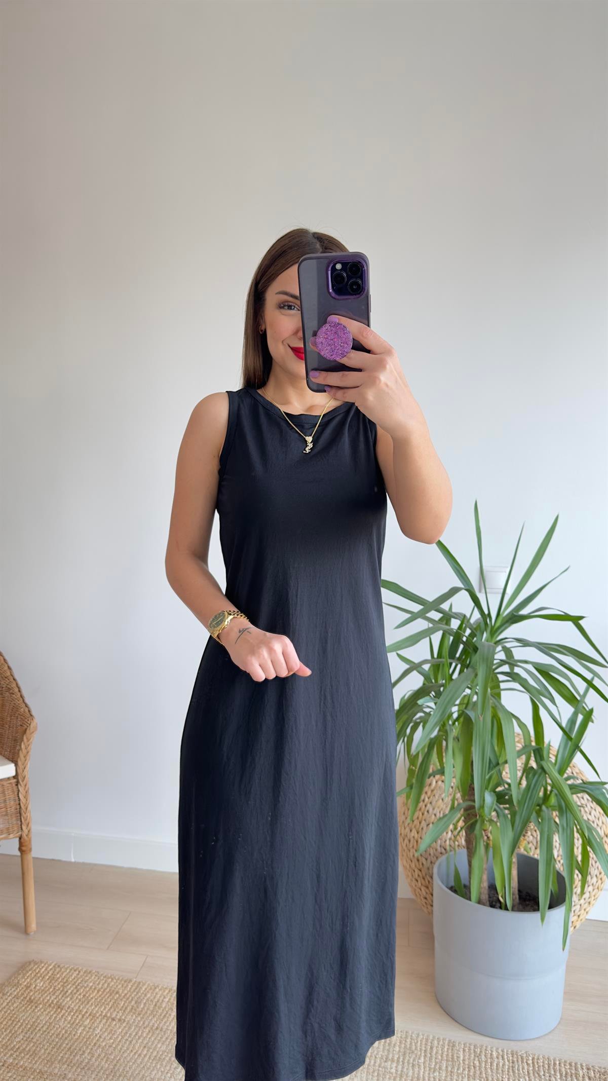 Woven Kolsuz Siyah Basic Elbise 