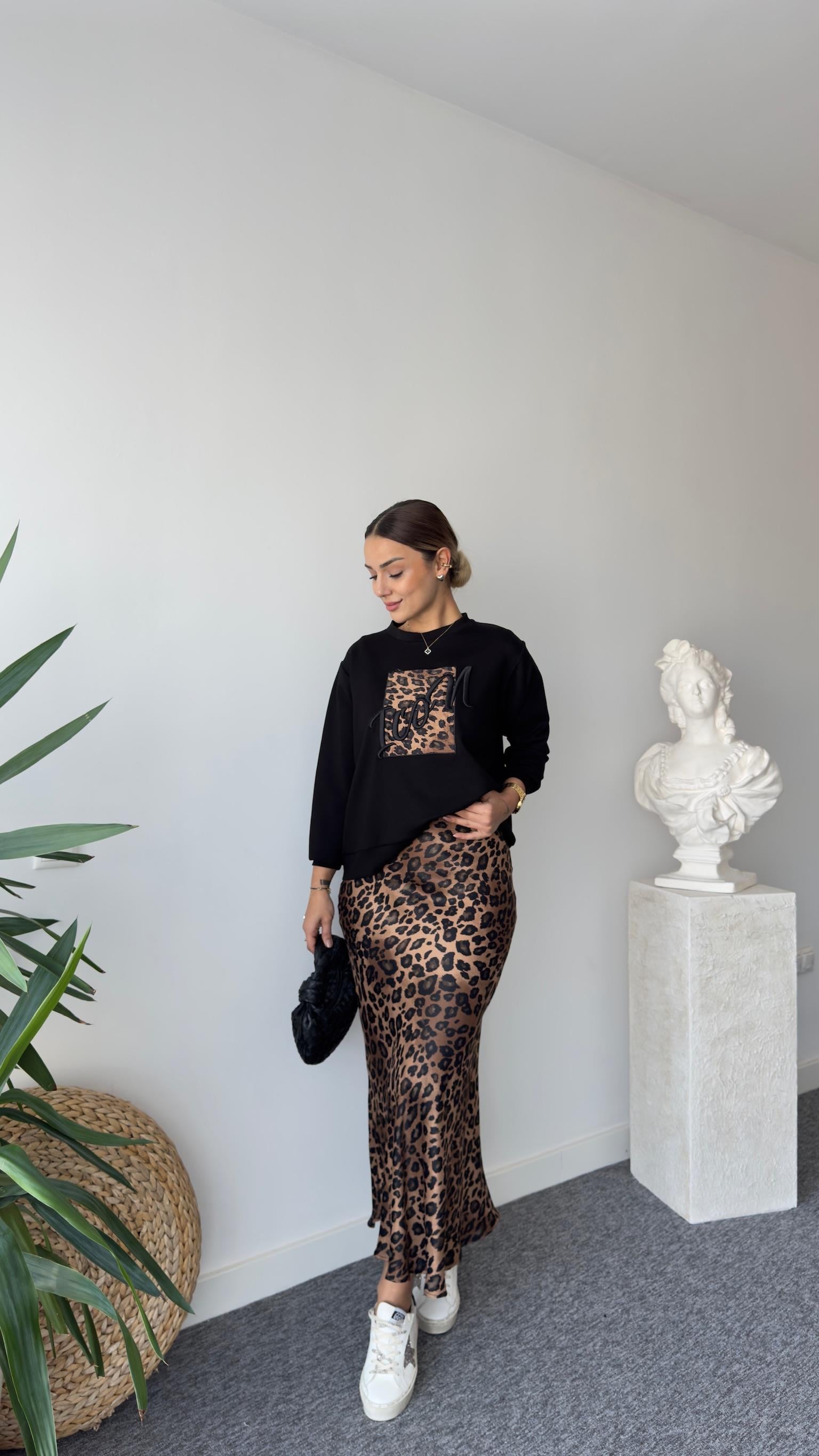 Ricar Kahve Leopar Desenli Etek Sweat Takım