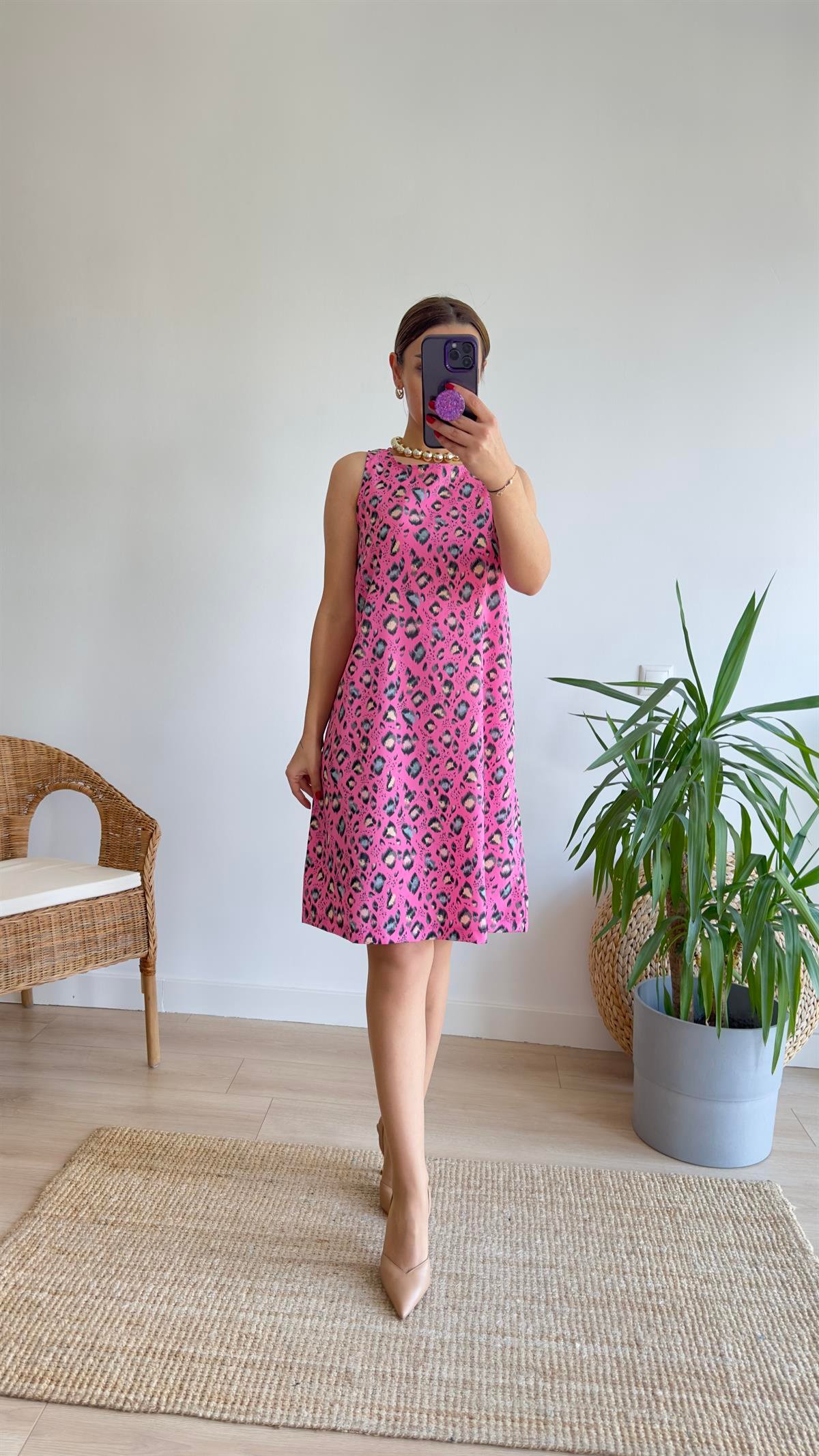 Rovena Leopar Desenli Pembe Elbise 