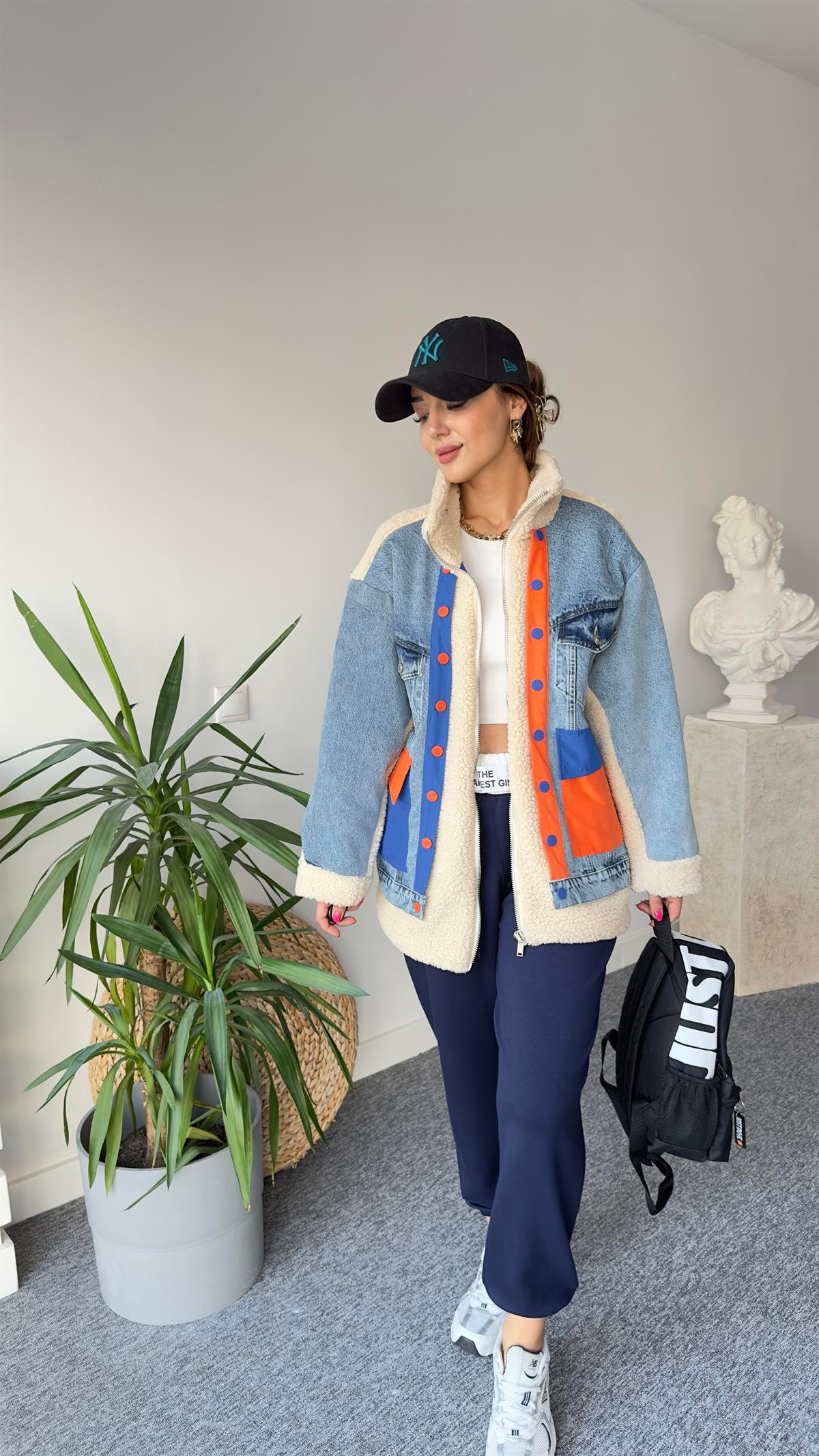 Denim Mix Turuncu Detay Peluş Mont