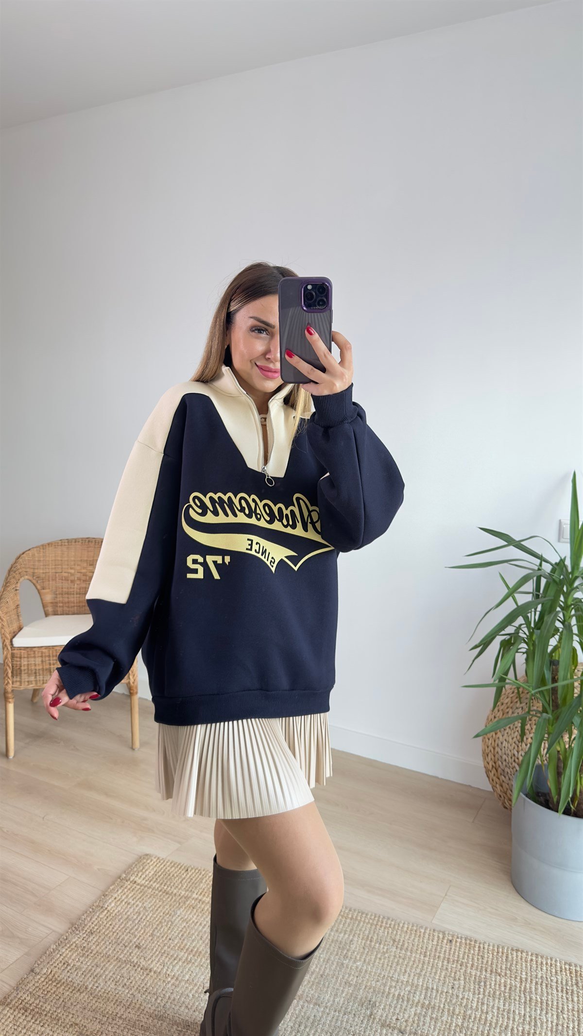 Lacivert Bej Baskılı Sweatshirt