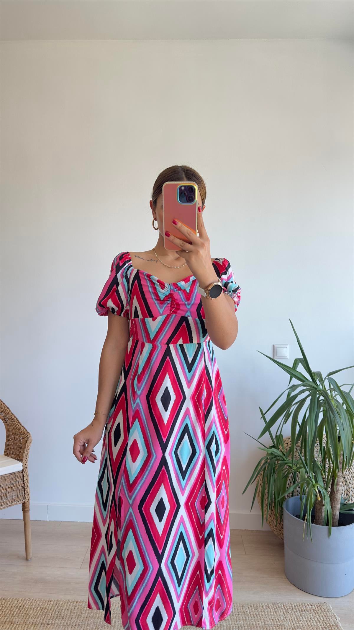 Karpuz Kol Pembe Renkli Elbise 