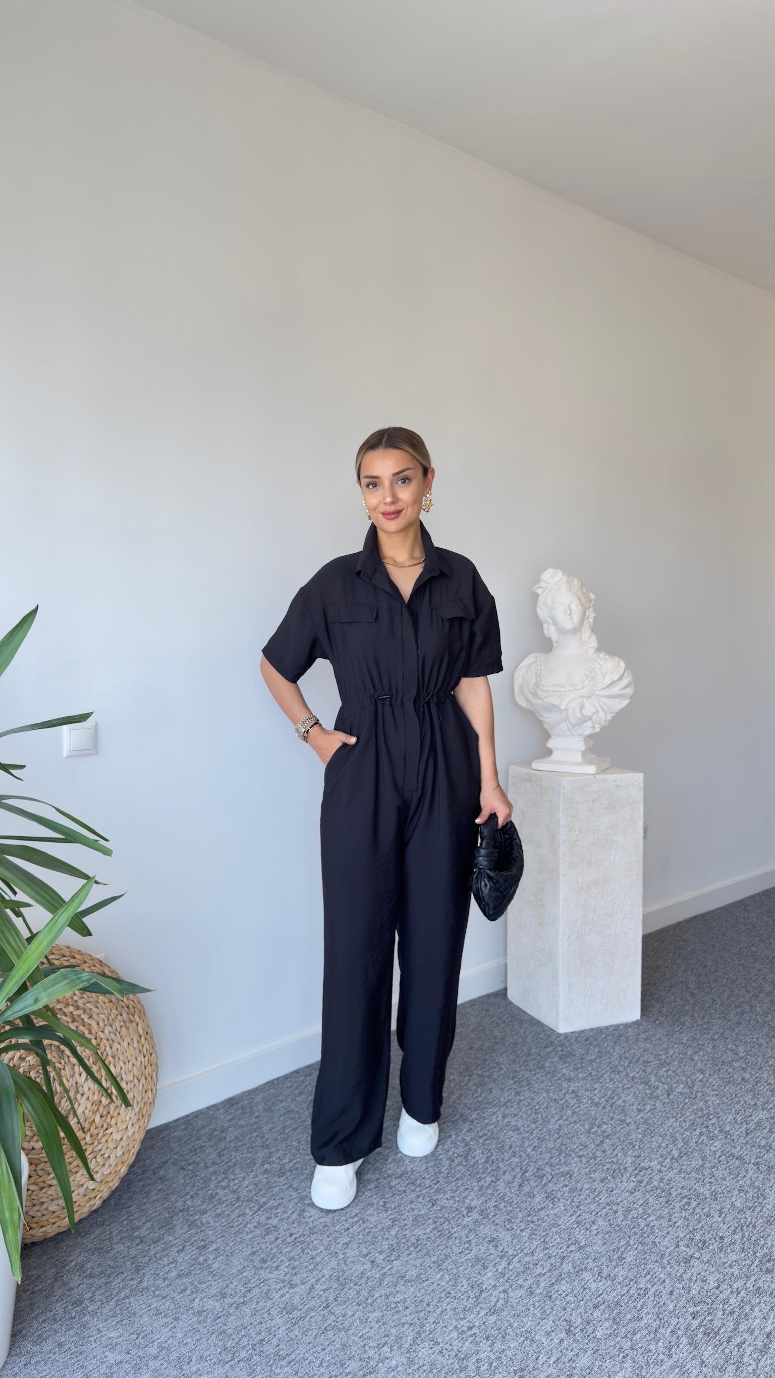 Esto Marka Model Bel Büzgülü Siyah Tulum
