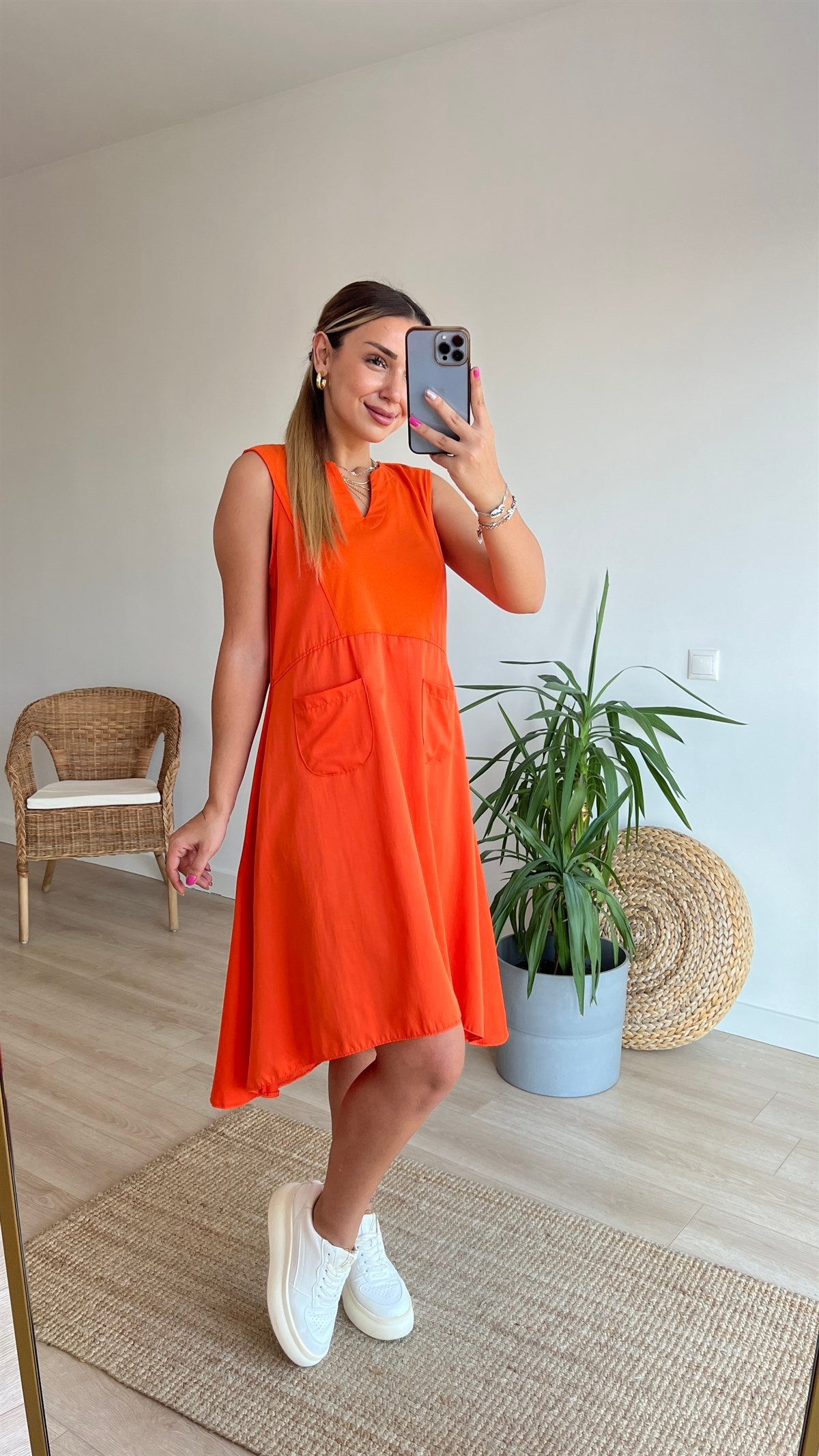 Poplin Detaylı Cepli Turuncu Elbise 