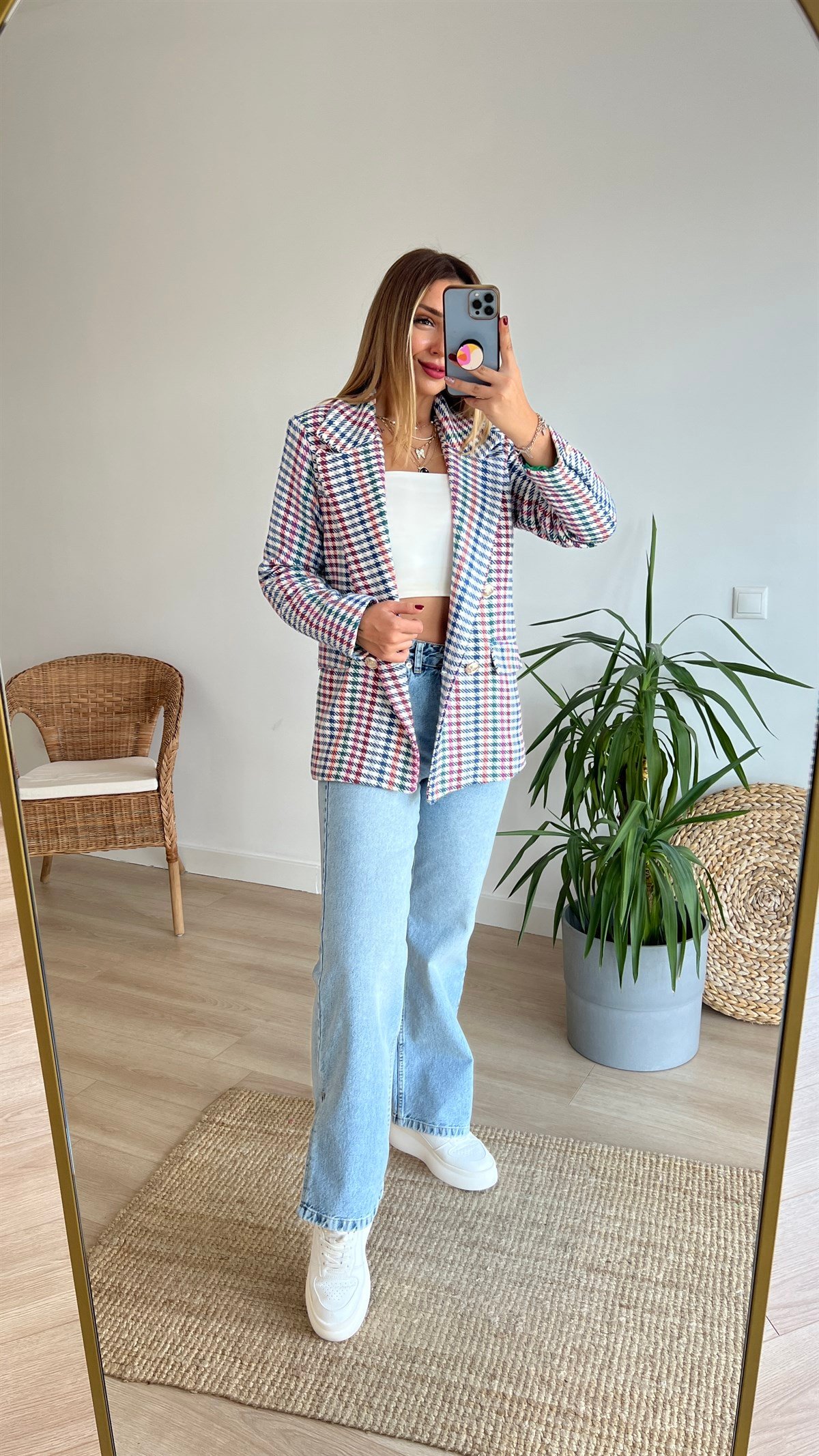 Çok Renkli Ekose Blazer Ceket