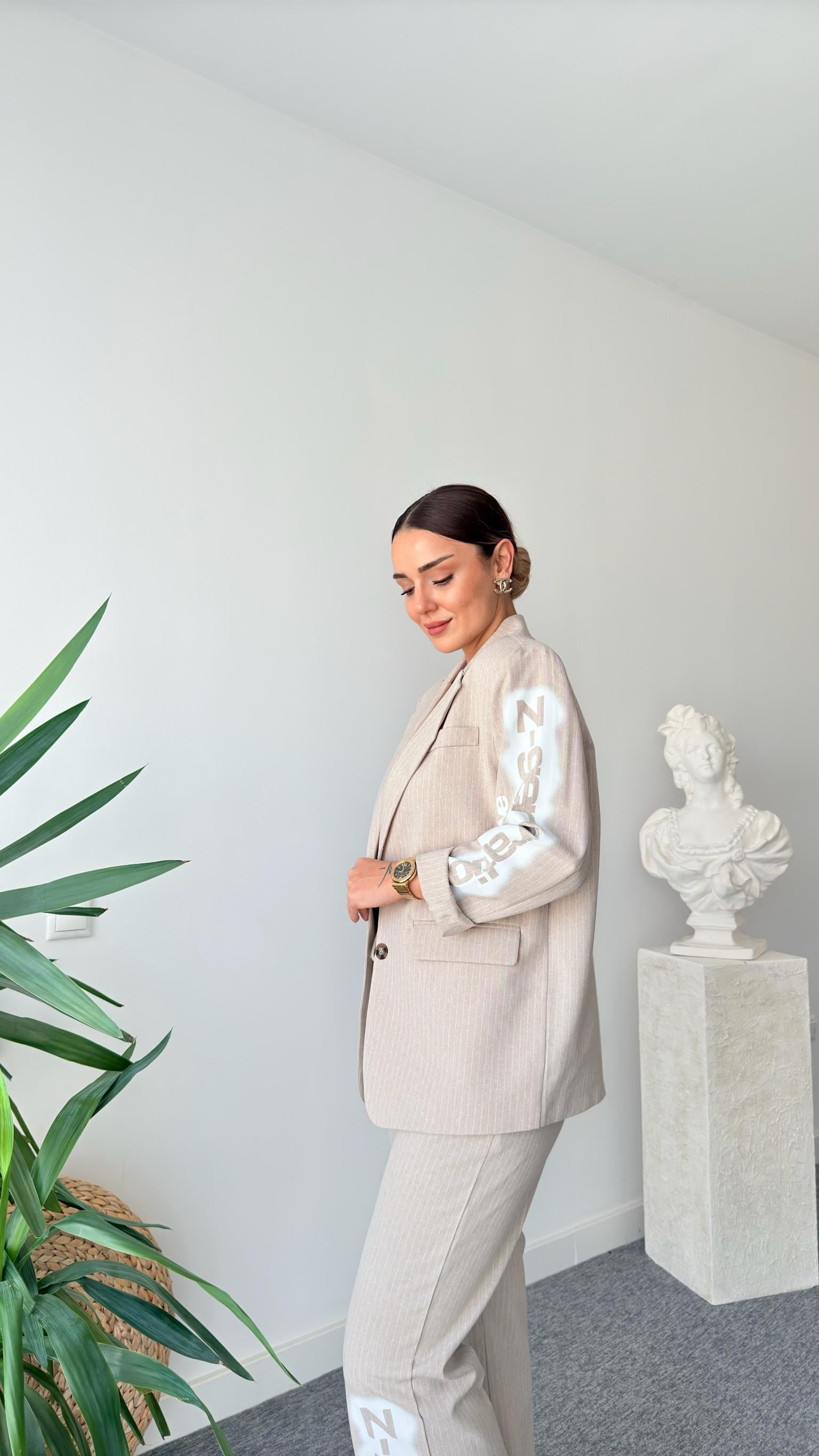 Bien Çizgili Bej Blazer Ceket