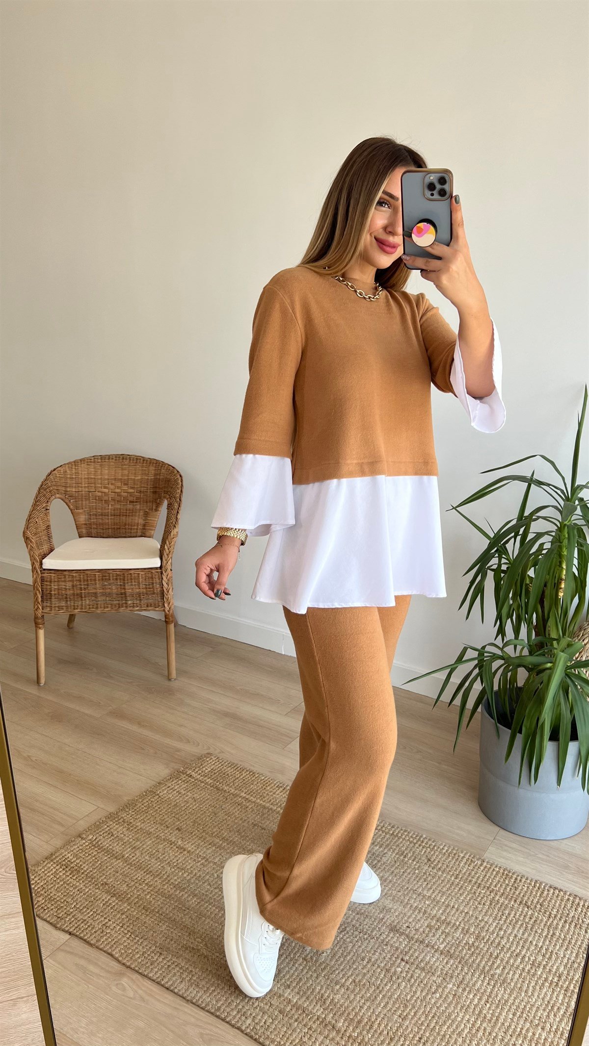 Camel Gömlek Detaylı Bluz Pantolon Takım