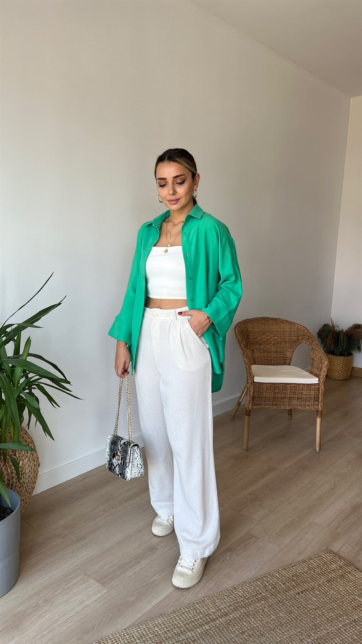 Oversize Yeşil Pamuklu Gömlek