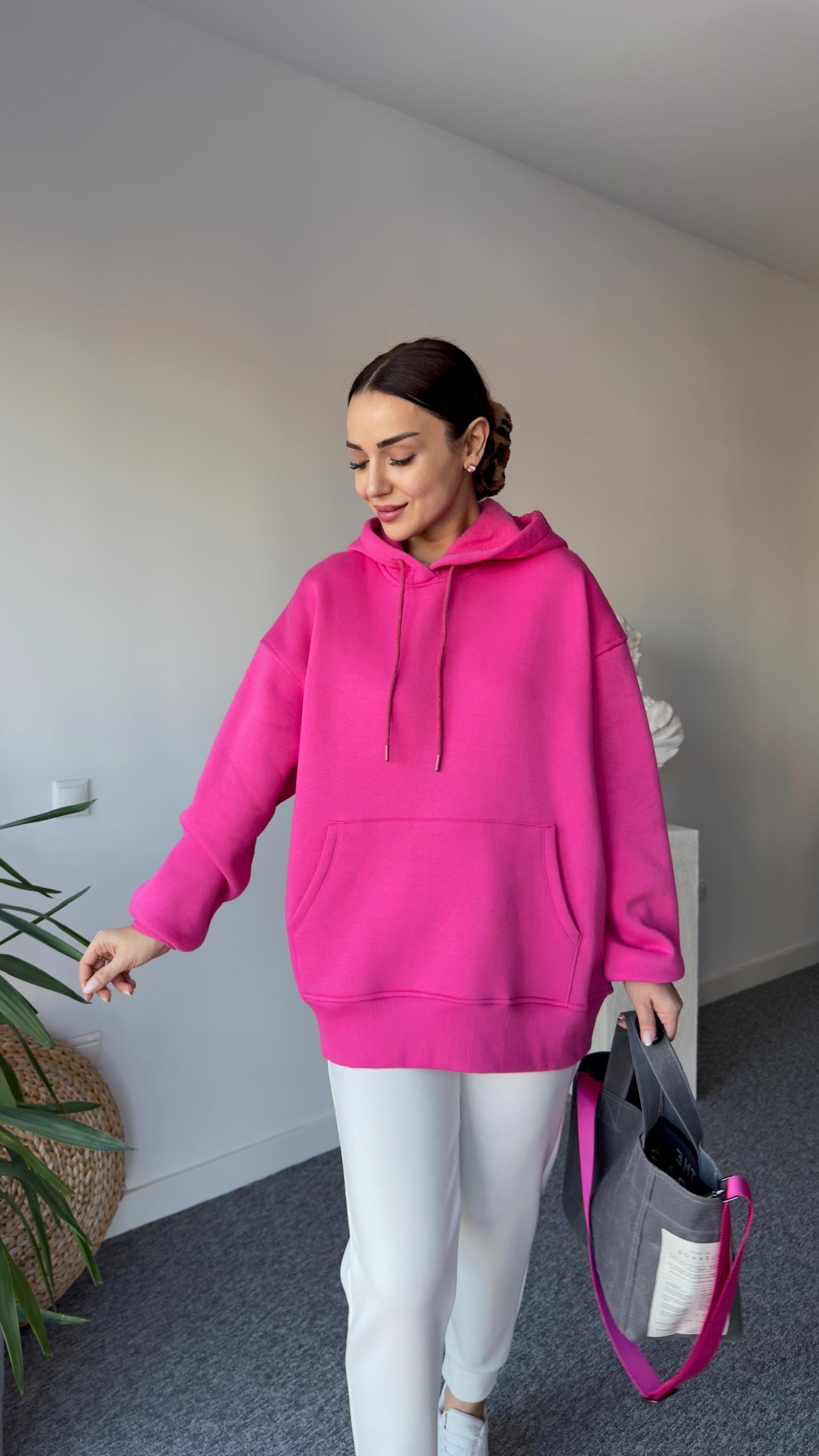 Sırt Fermuarlı Kapüşonlu Pembe Sweatshirt