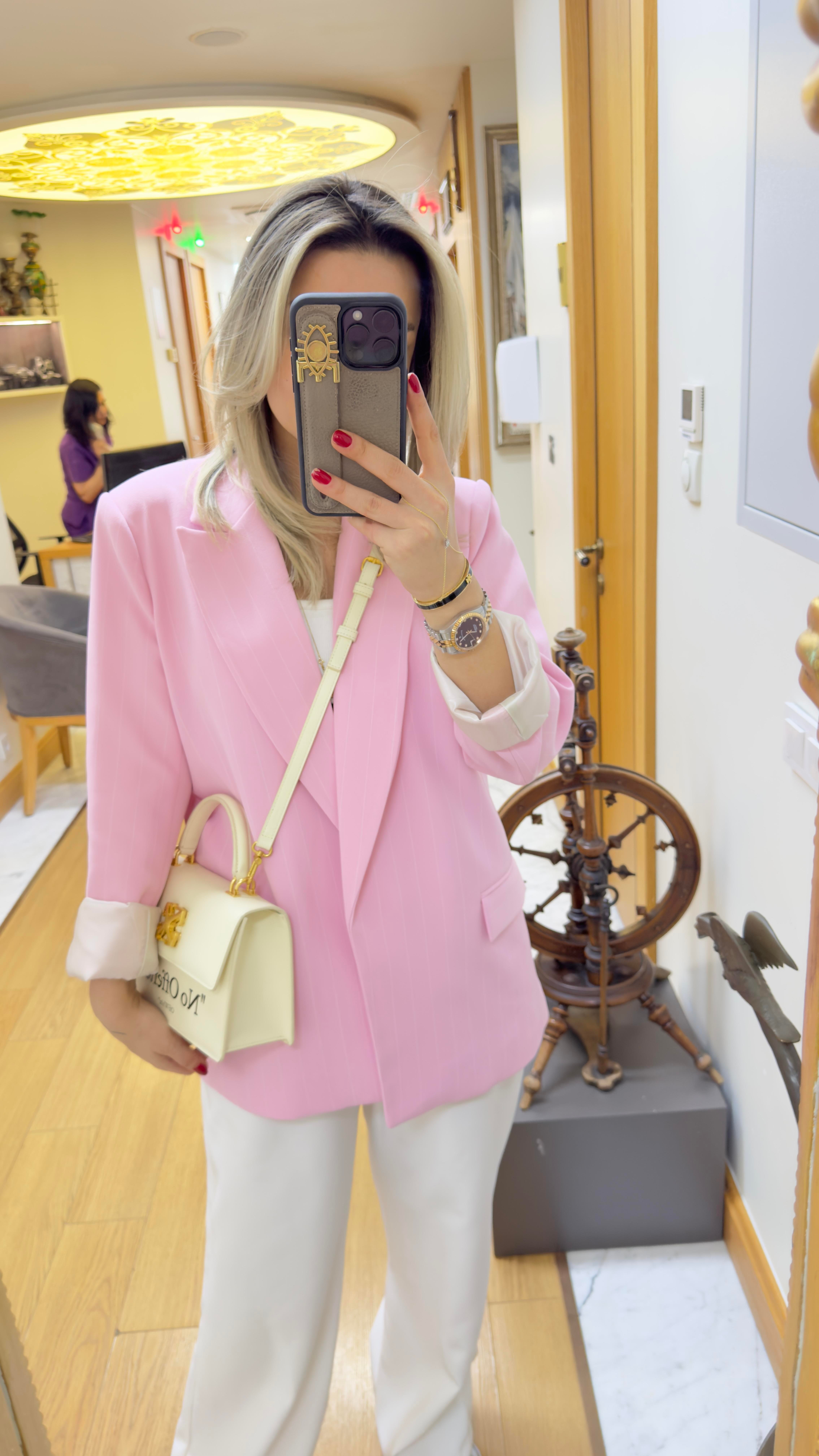 Mino Çizgili Pembe Blazer Ceket