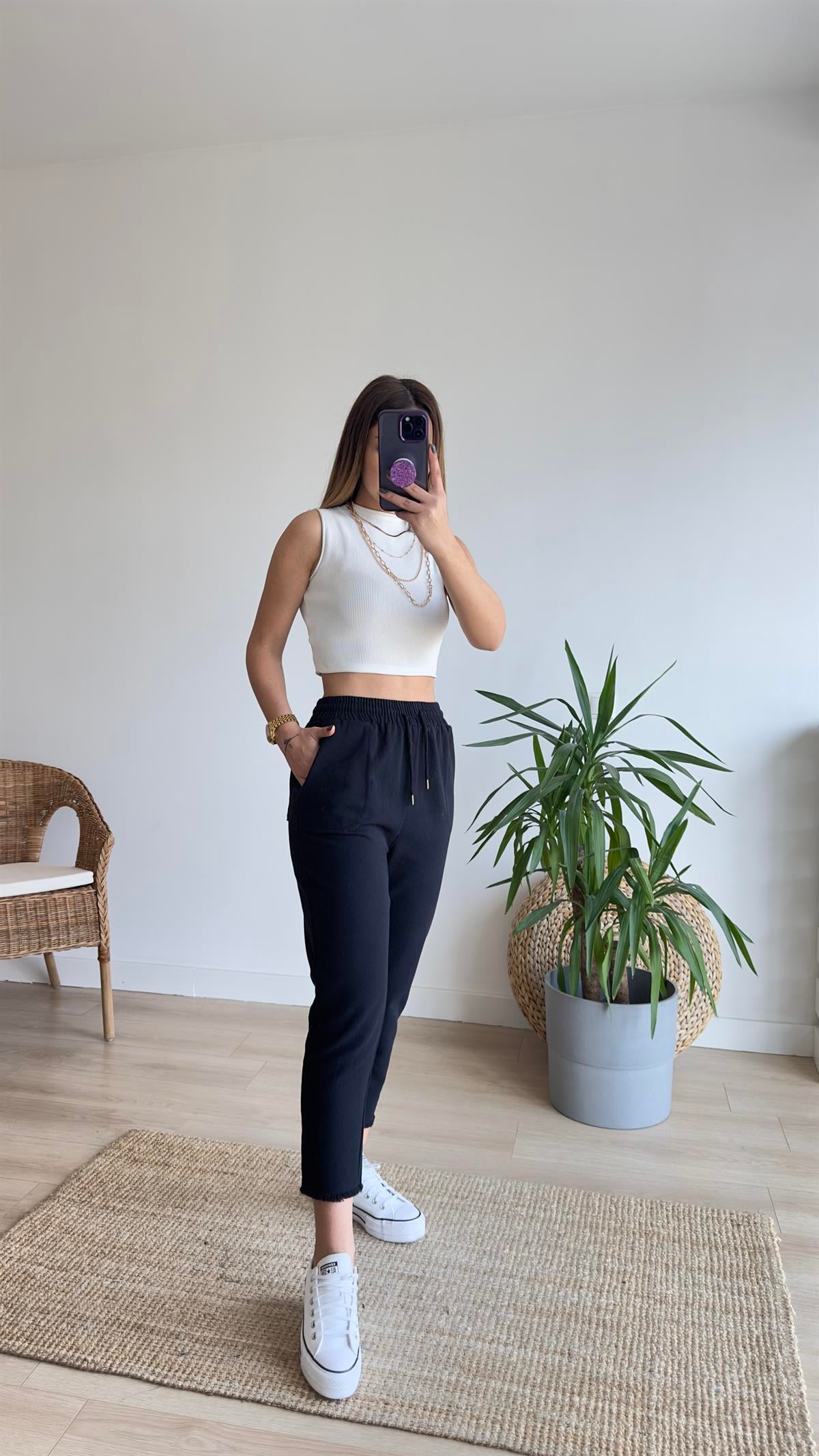 Beli Lastikli Siyah Gabardin Pantolon