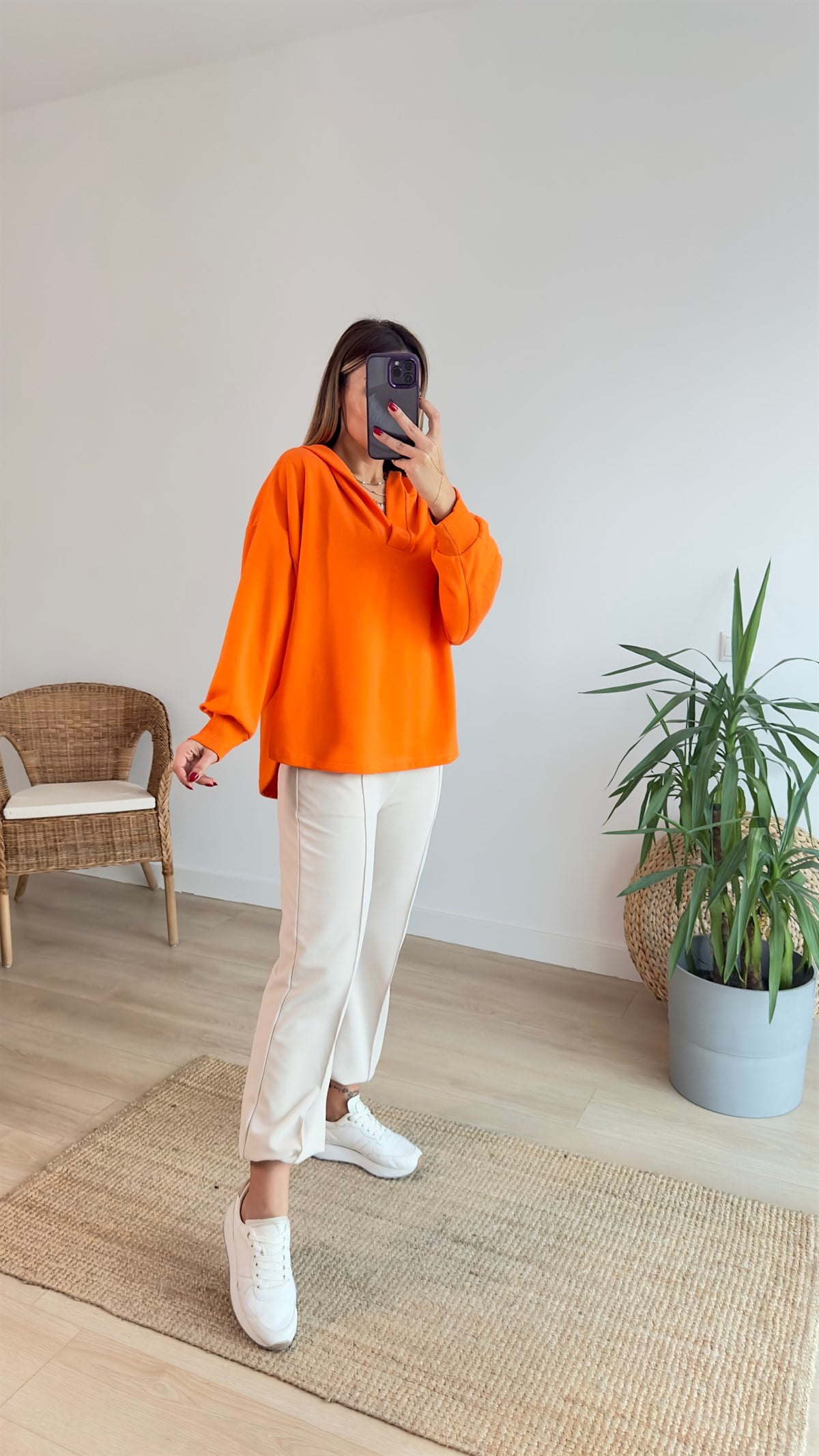 Kapüşonlu Turuncu Basic Sweat