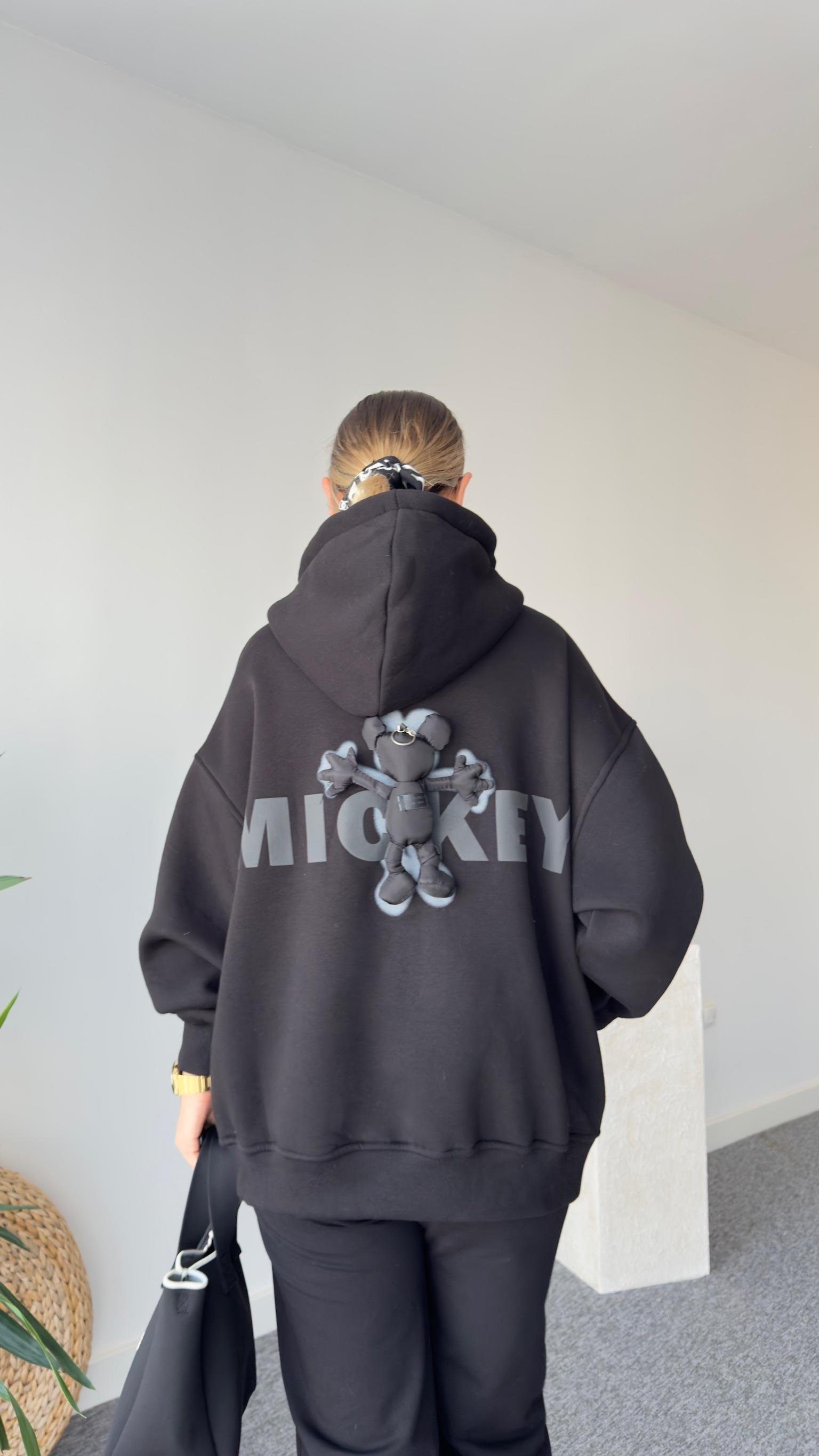 Sırtı Mickey Aksesuarlı Siyah Kapüşonlu Sweatshirt