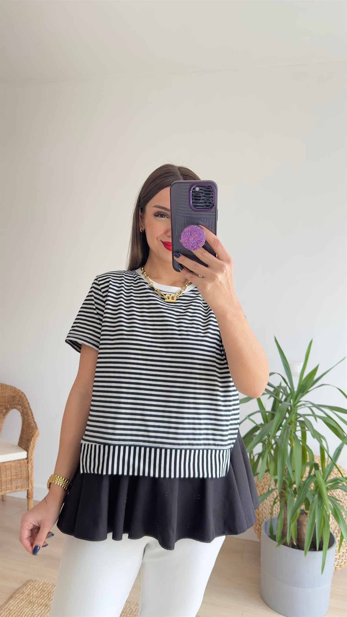 Çizgili Siyah Poplin Detaylı Tshirt