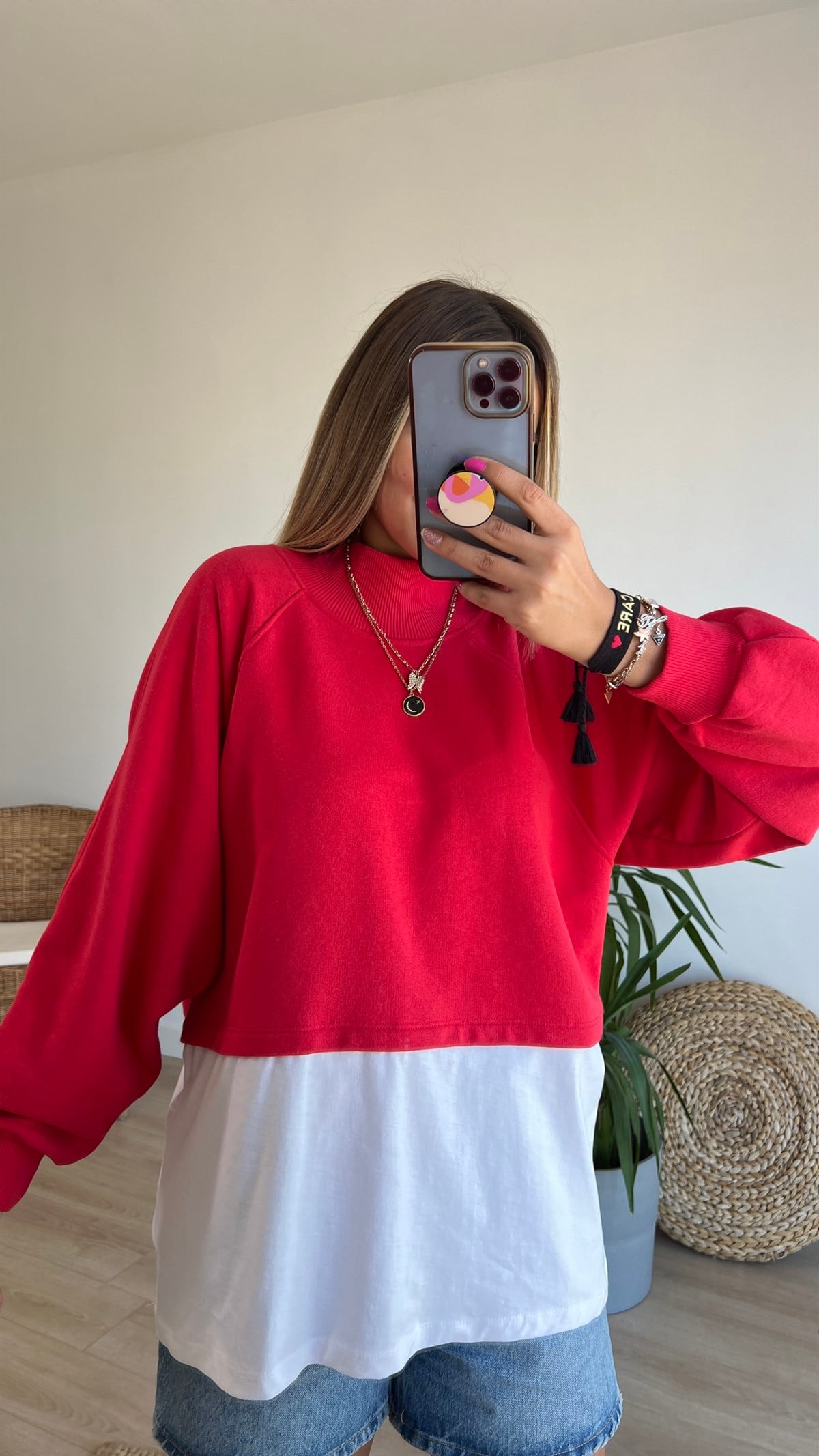 Balıkçı Yaka Tshirt Detaylı Kırmızı Sweat