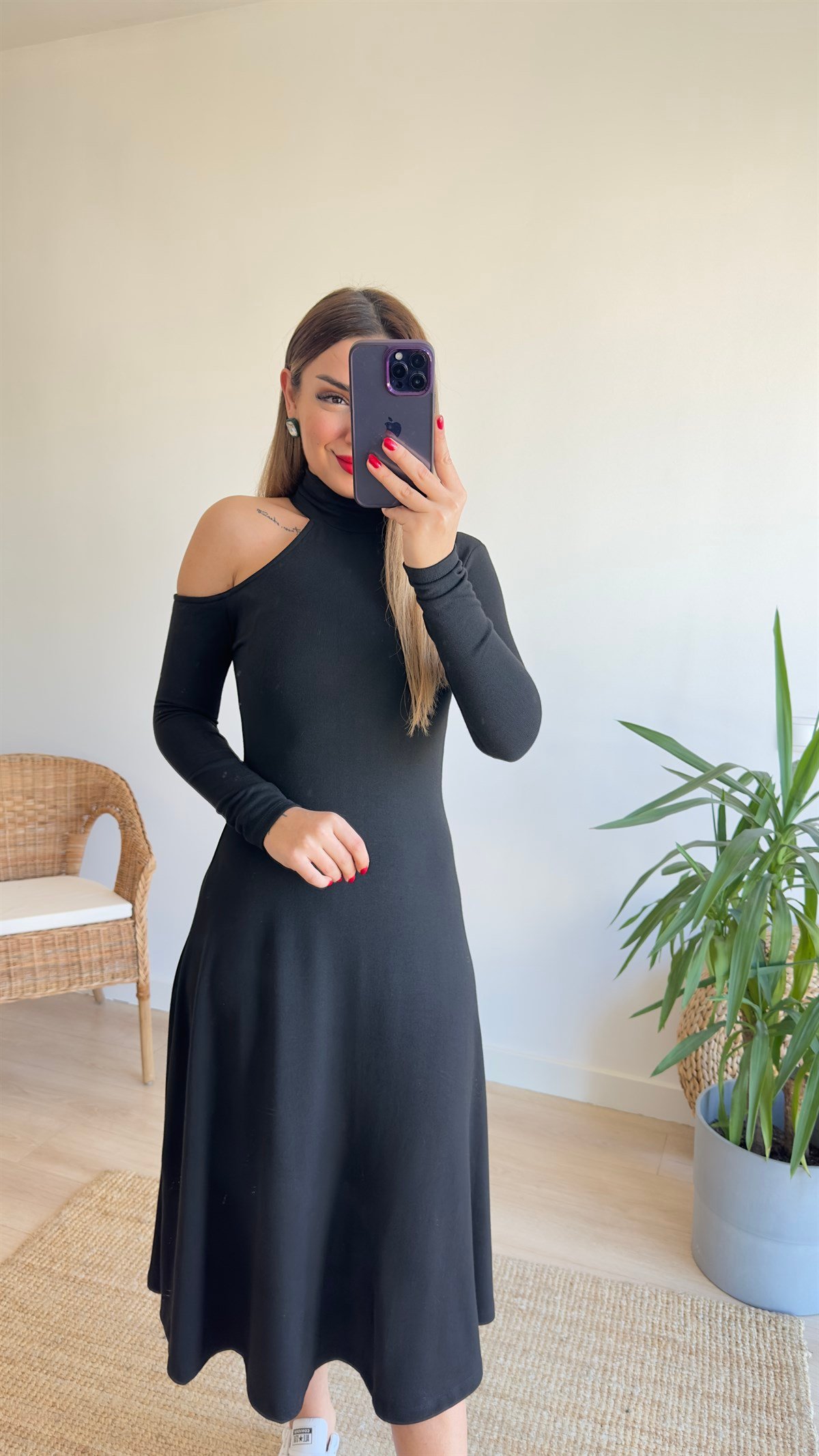 Omuz Detay Örme Balıkçı Yaka Elbise 