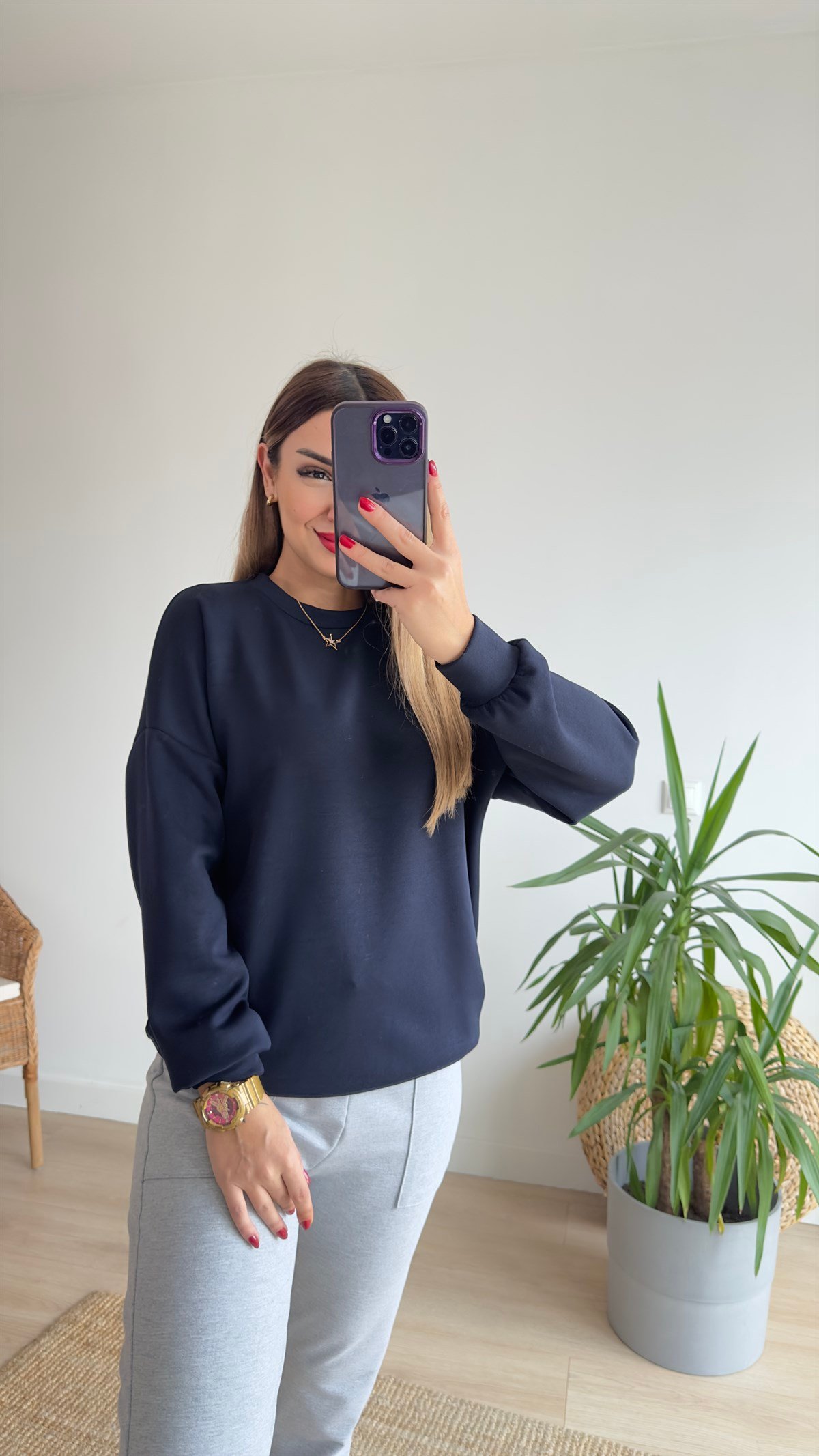 Modal Kumaş Lacivert Basic Sweat