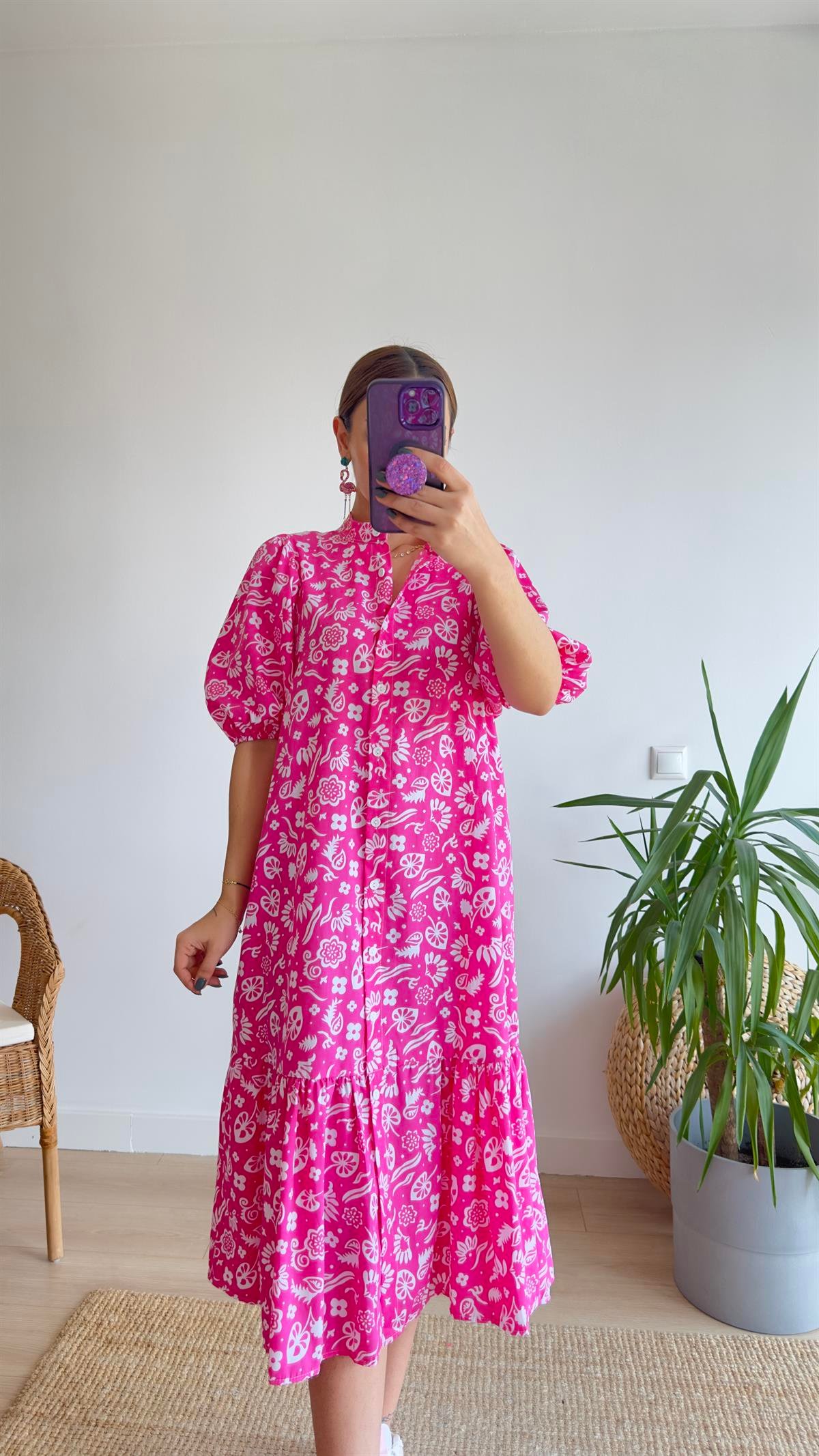 Levon Desenli Pembe Poplin Elbise 