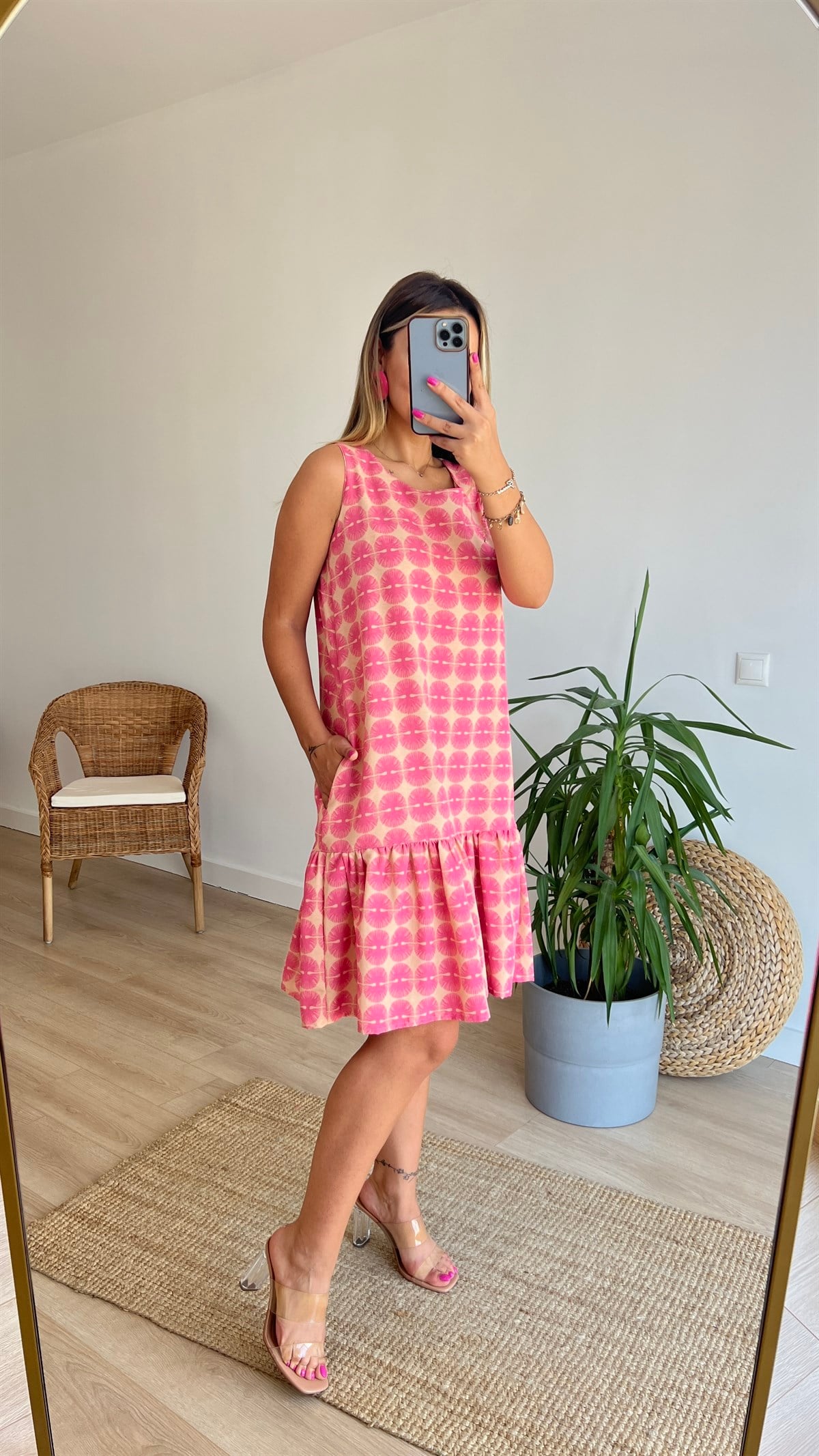 Pembe Desenli Cepli Keten Elbise
