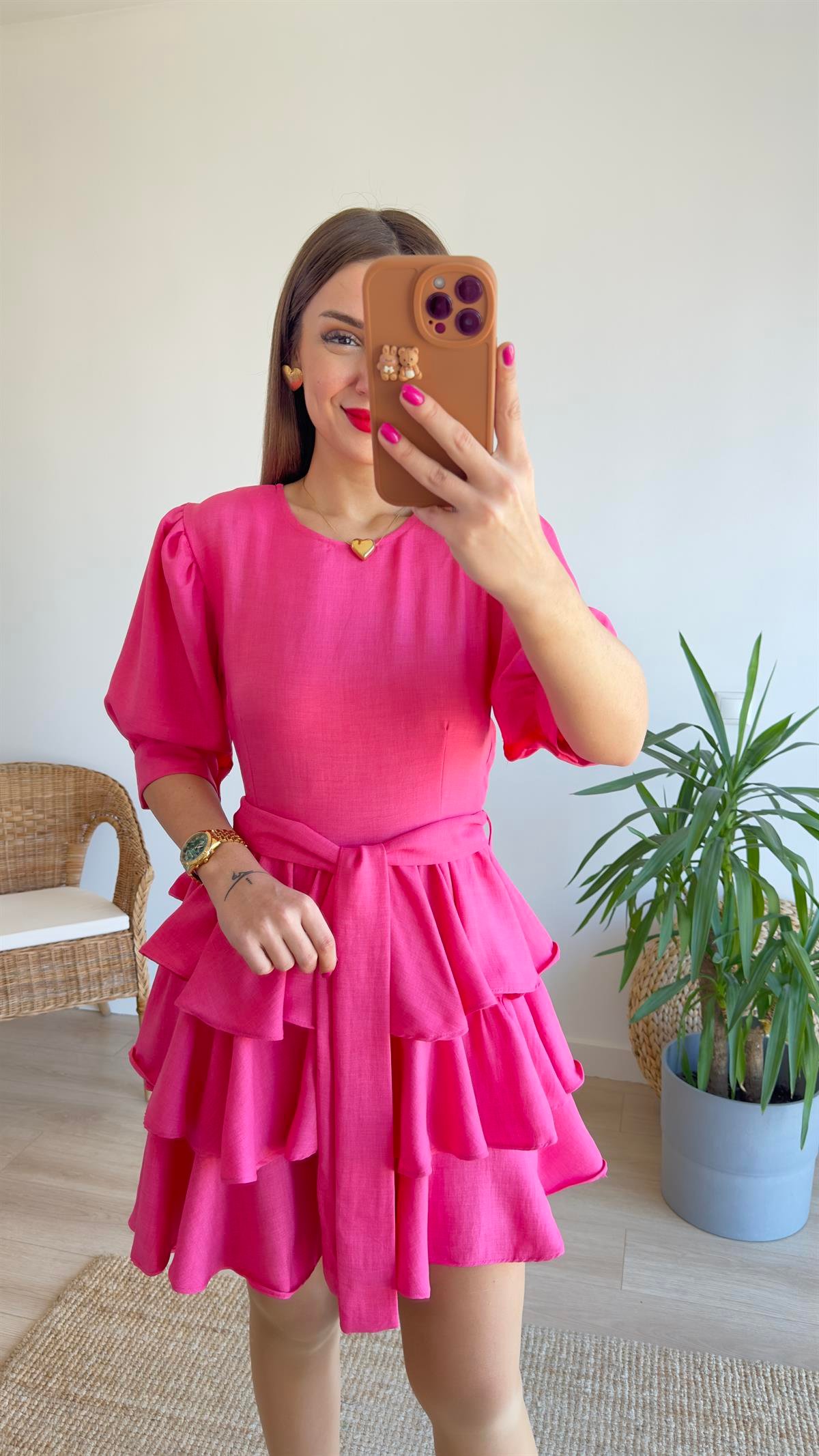 Pembe Katlı Balon Kol Elbise